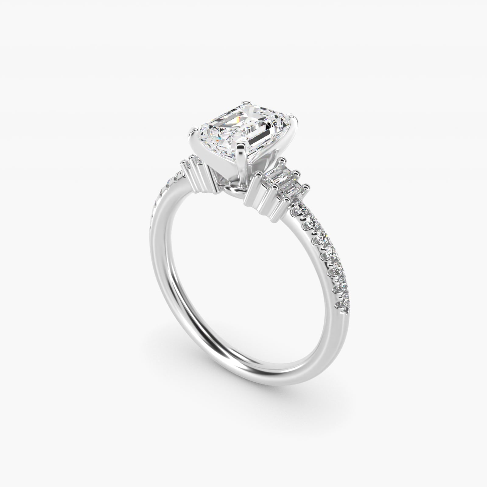Petite Baguette and Pav? Diamond Engagement Ring in 18k White Gold - Emerald Center