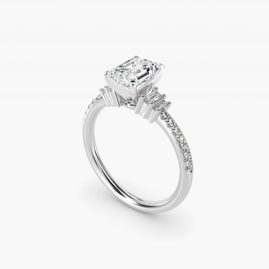 Petite Baguette and Pav? Diamond Engagement Ring in 18k White Gold - Emerald Center