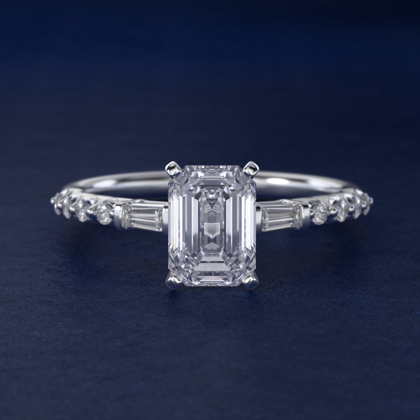 Petite Baguette and Floating Round Diamond Engagement Ring in 14k White Gold (1/5 ct. tw.) - Emerald Center