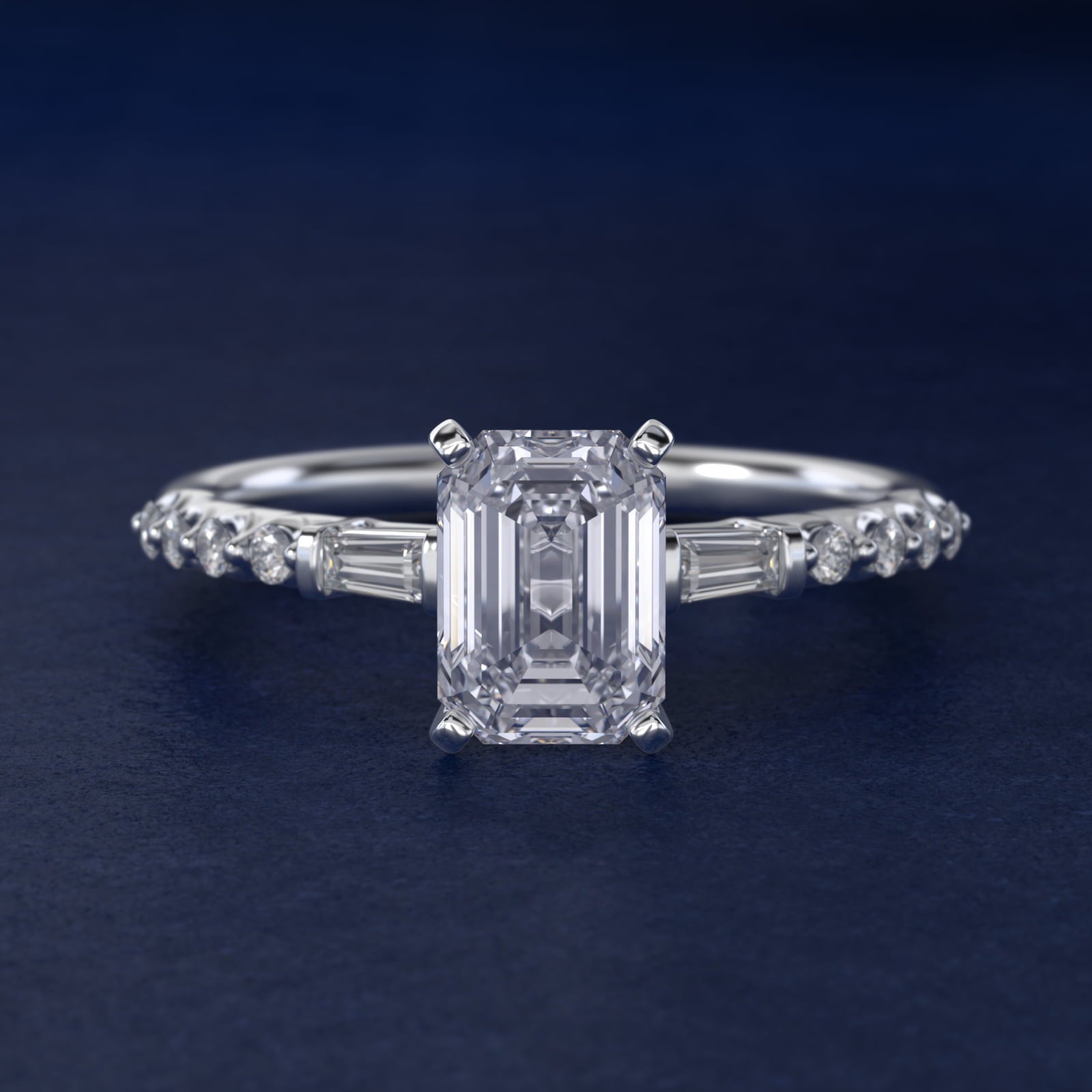 Petite Baguette and Floating Round Diamond Engagement Ring in 18k White Gold (1/5 ct. tw.) - Emerald Center