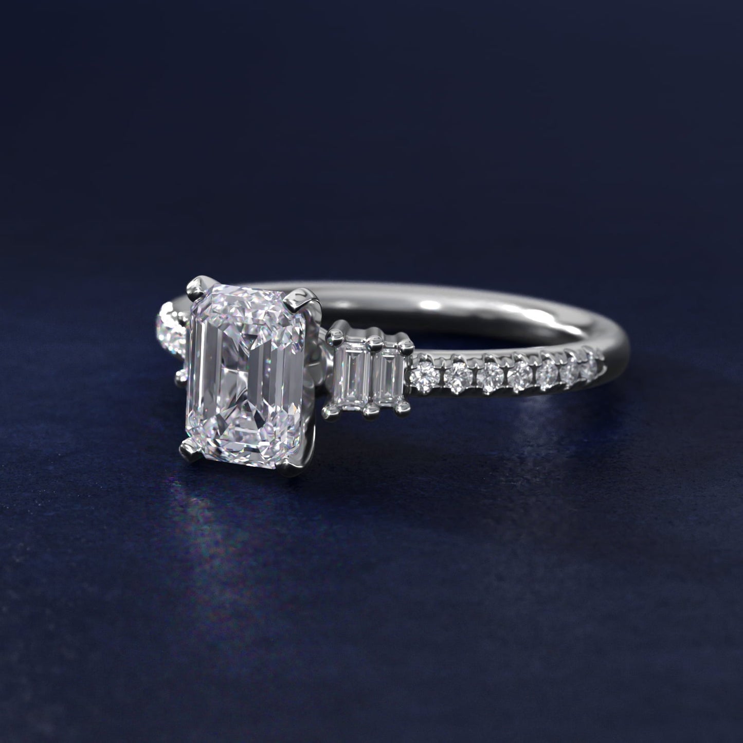 Petite Baguette and Pav? Diamond Engagement Ring in 18k White Gold - Emerald Center