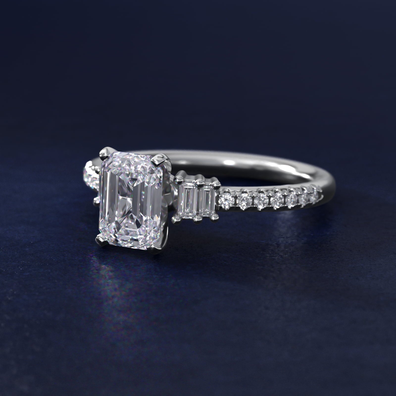 Petite Baguette and Pav? Diamond Engagement Ring in 18k White Gold - Emerald Center