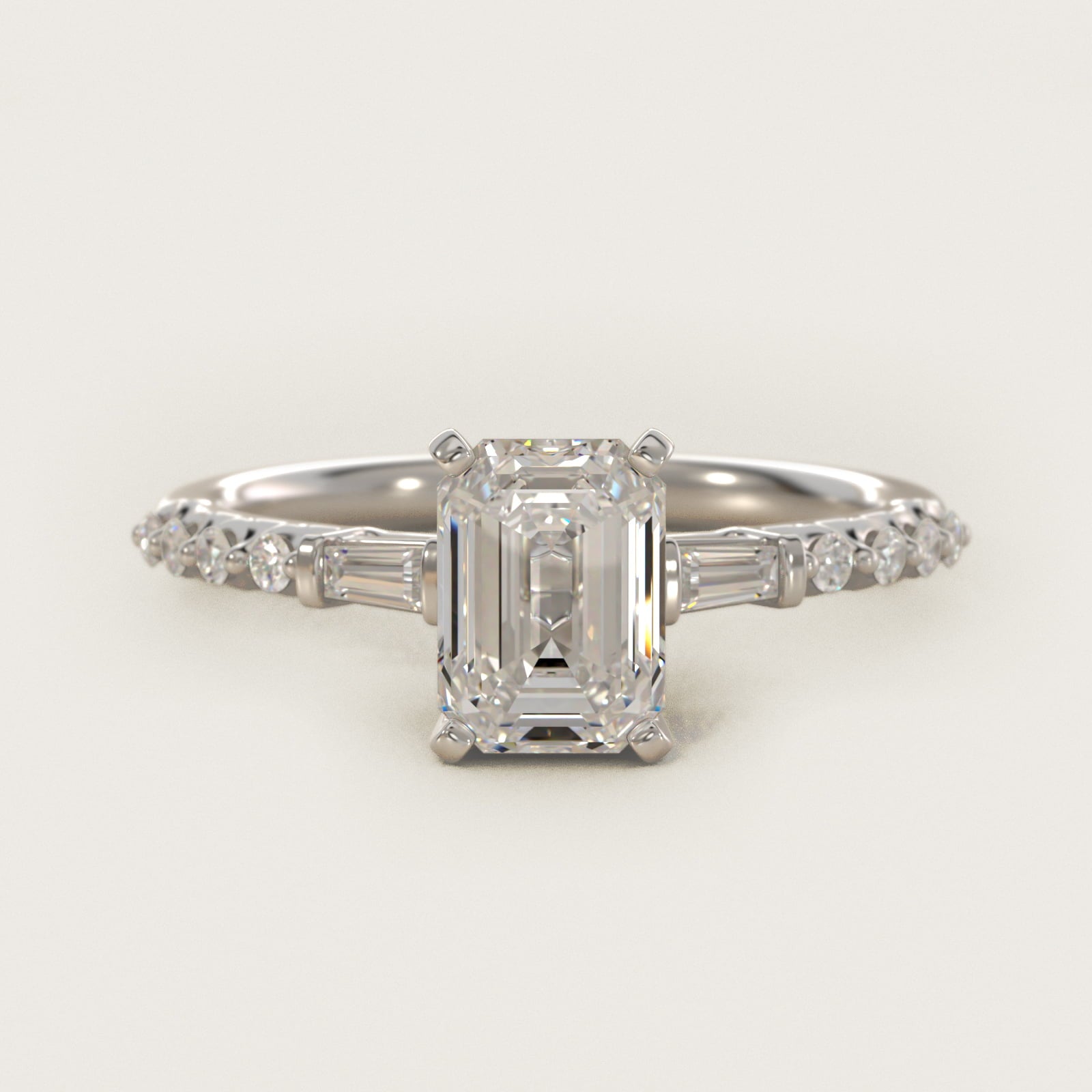 Petite Baguette and Floating Round Diamond Engagement Ring in 14k White Gold (1/5 ct. tw.) - Emerald Center
