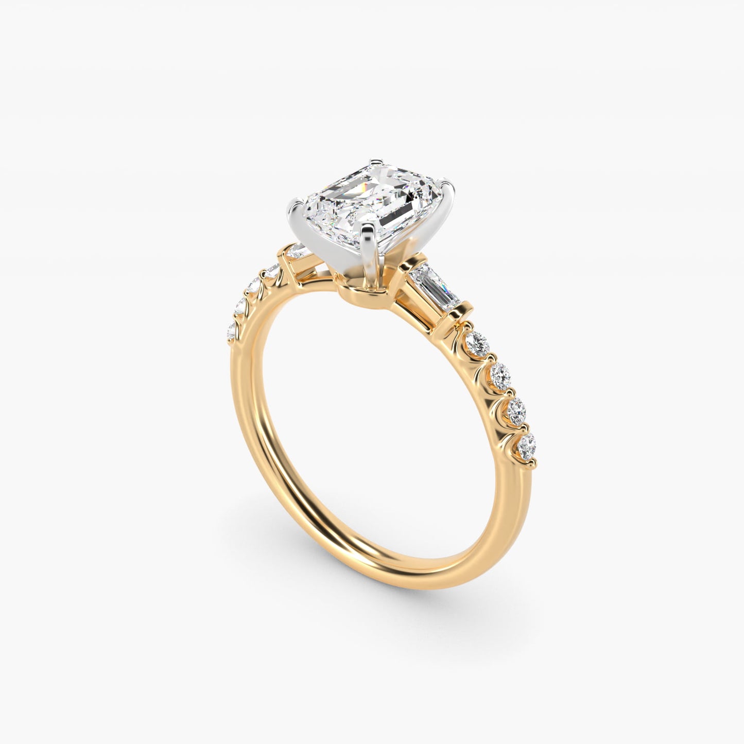 Petite Baguette and Floating Round Diamond Engagement Ring in 14k Yellow Gold (1/5 ct. tw.) - Emerald Center