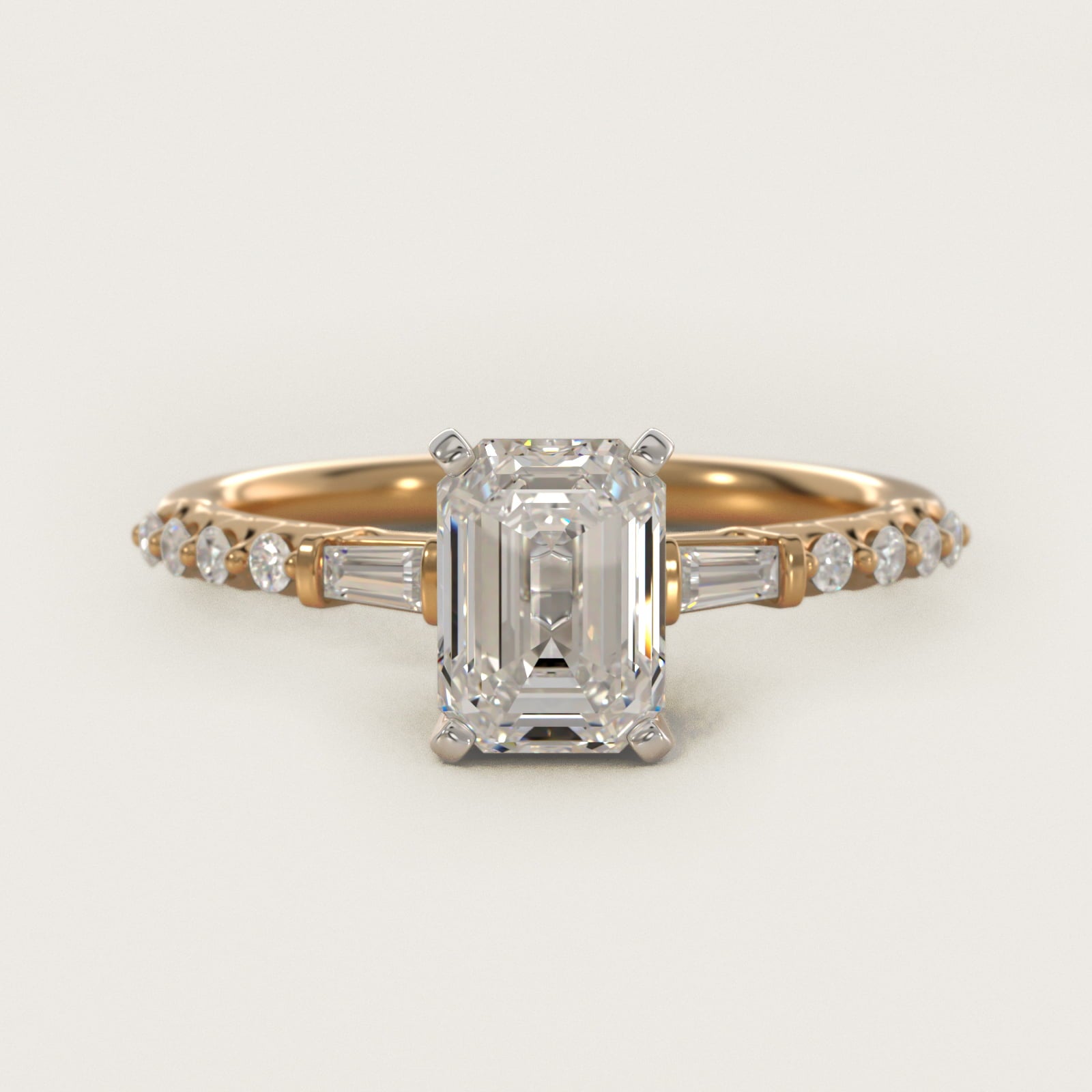 Petite Baguette and Floating Round Diamond Engagement Ring in 14k Yellow Gold (1/5 ct. tw.) - Emerald Center