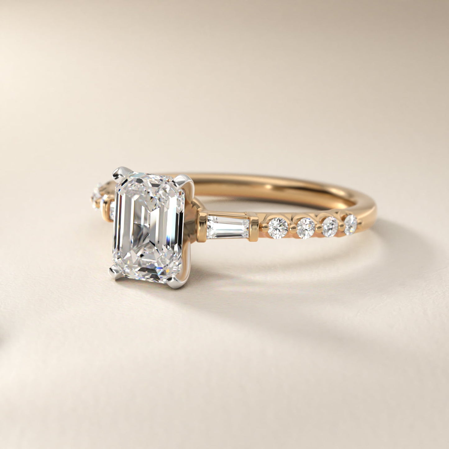 Petite Baguette and Floating Round Diamond Engagement Ring in 14k Yellow Gold (1/5 ct. tw.) - Emerald Center
