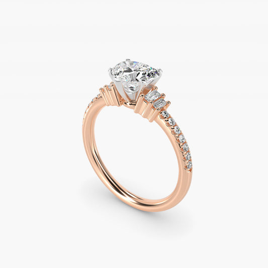 Petite Baguette and PavŽ Diamond Engagement Ring in 14k Rose Gold - Heart Center
