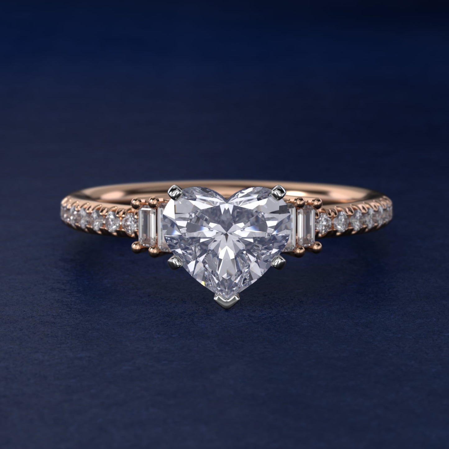 Petite Baguette and PavŽ Diamond Engagement Ring in 14k Rose Gold - Heart Center