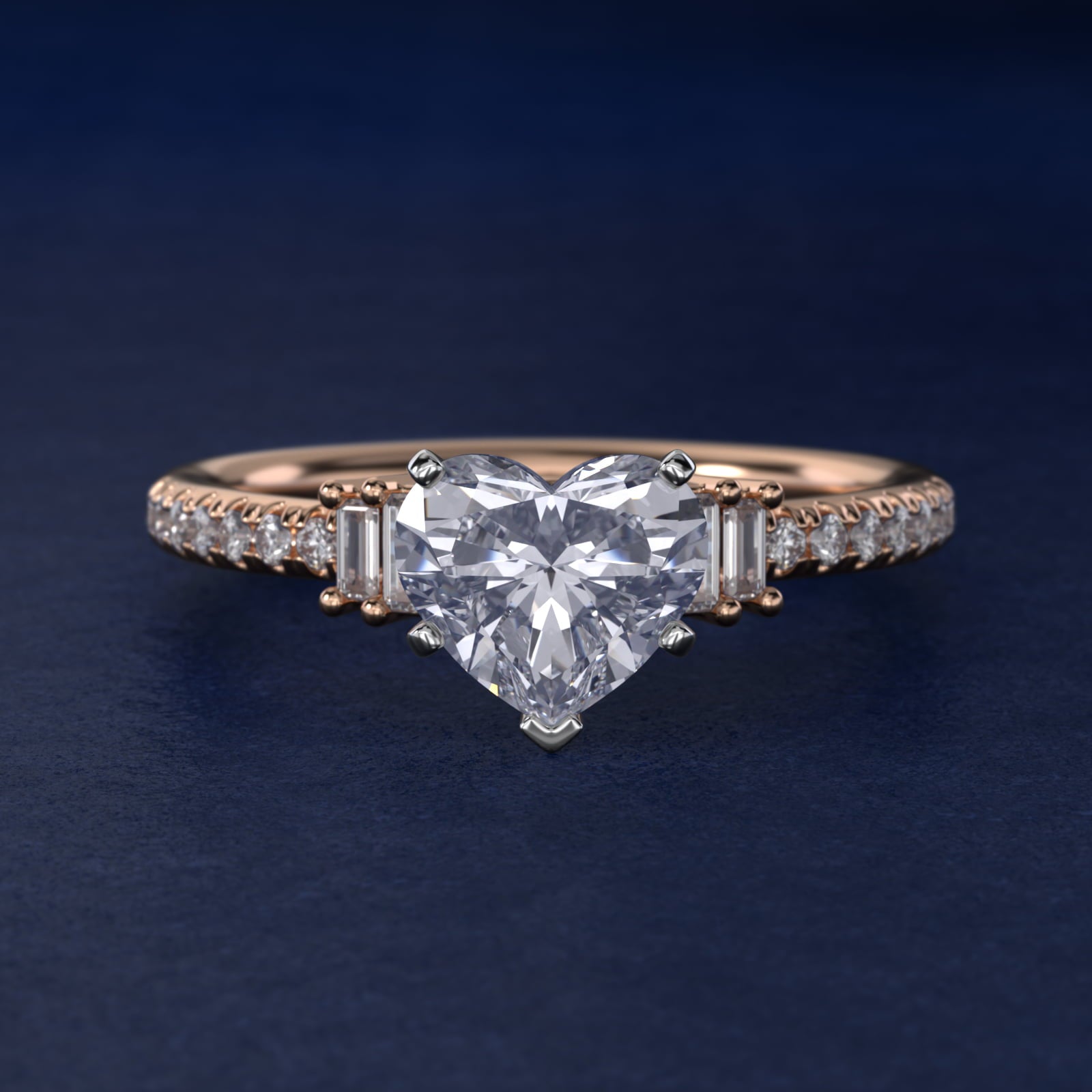 Petite Baguette and PavŽ Diamond Engagement Ring in 14k Rose Gold - Heart Center
