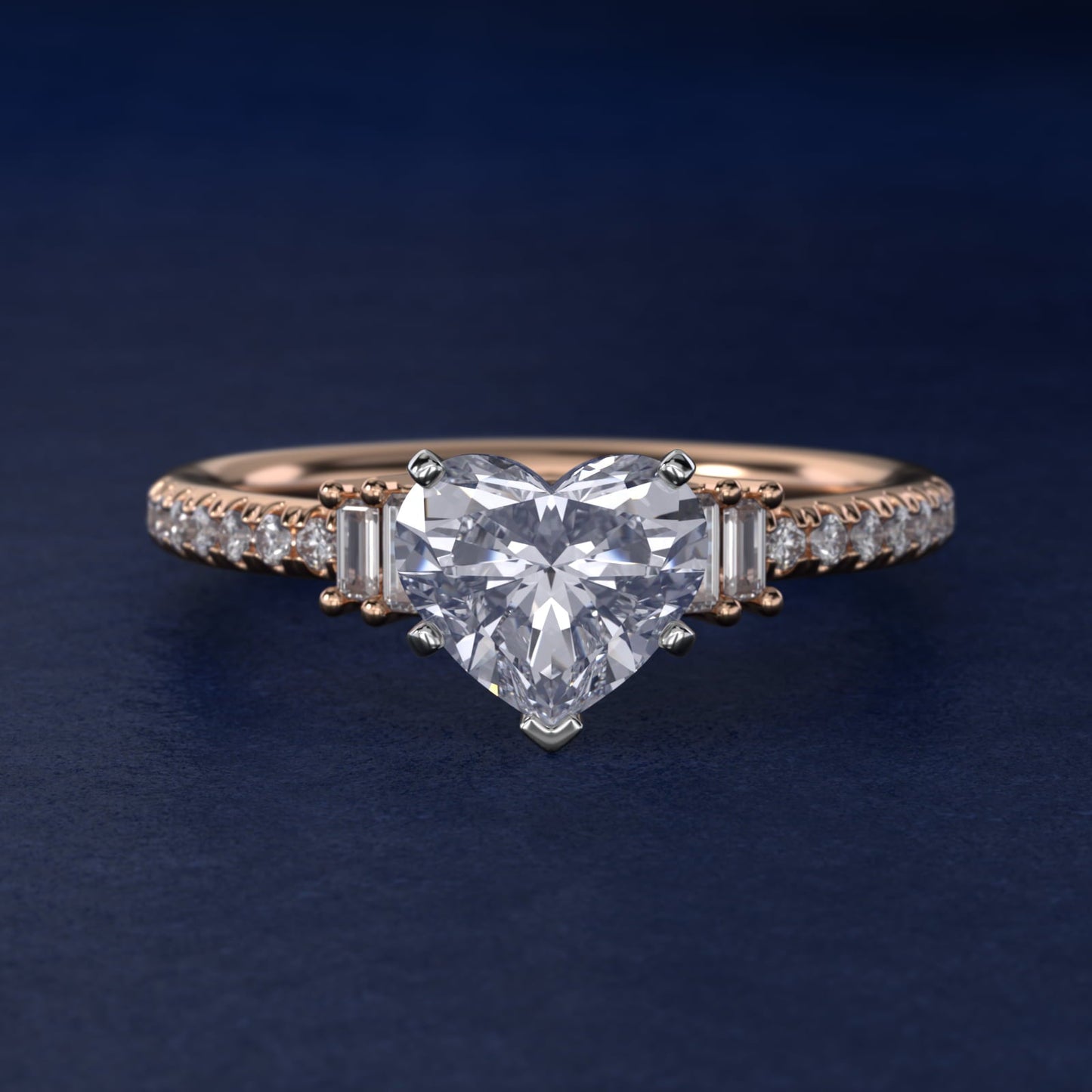 Petite Baguette and Pav? Diamond Engagement Ring in 18k Rose Gold - Heart Center