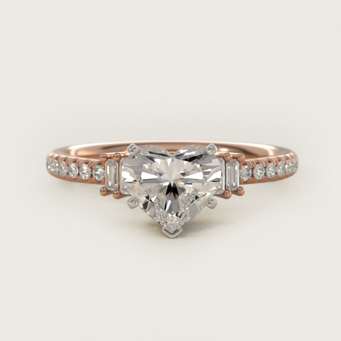 Petite Baguette and PavŽ Diamond Engagement Ring in 14k Rose Gold - Heart Center