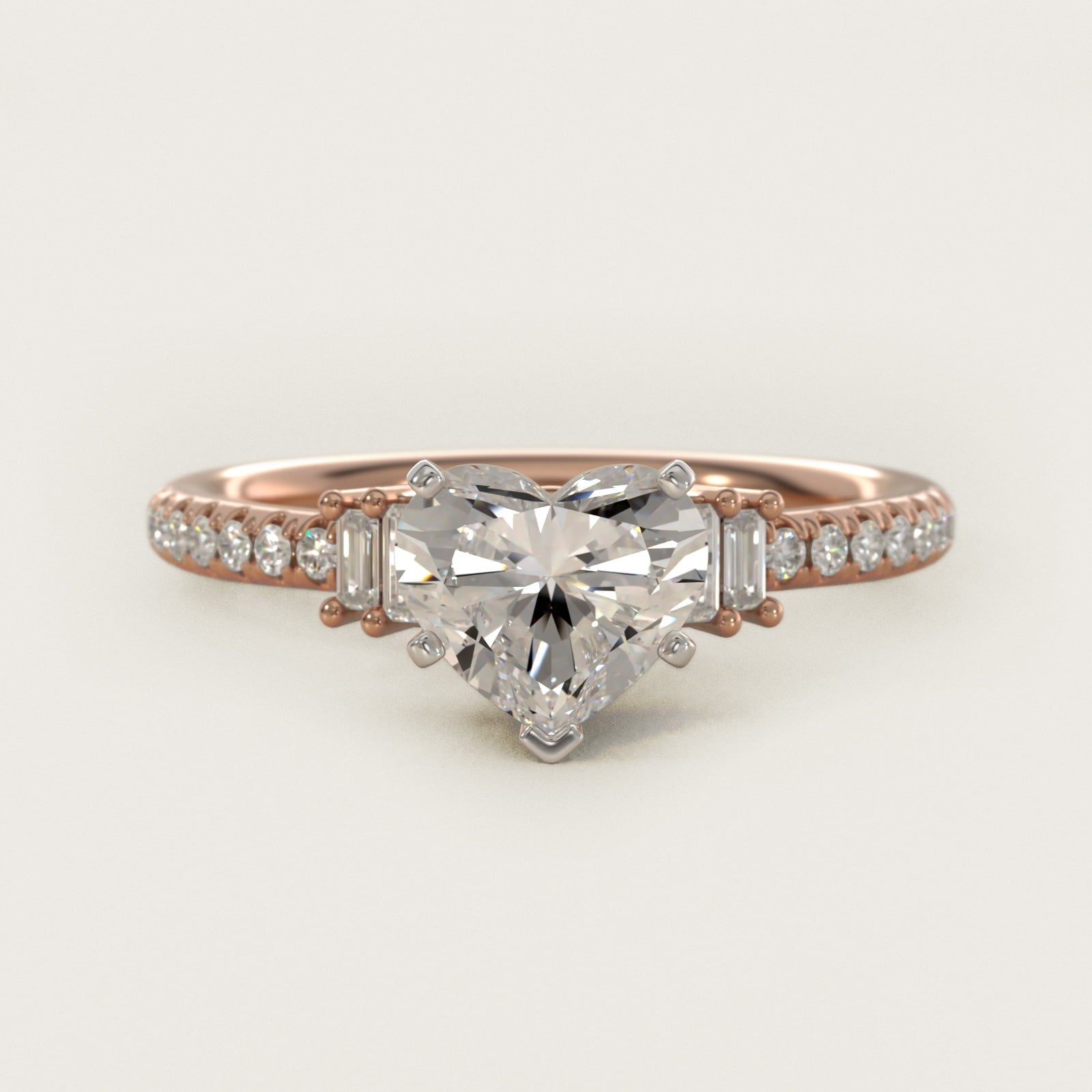 Petite Baguette and Pav? Diamond Engagement Ring in 18k Rose Gold - Heart Center