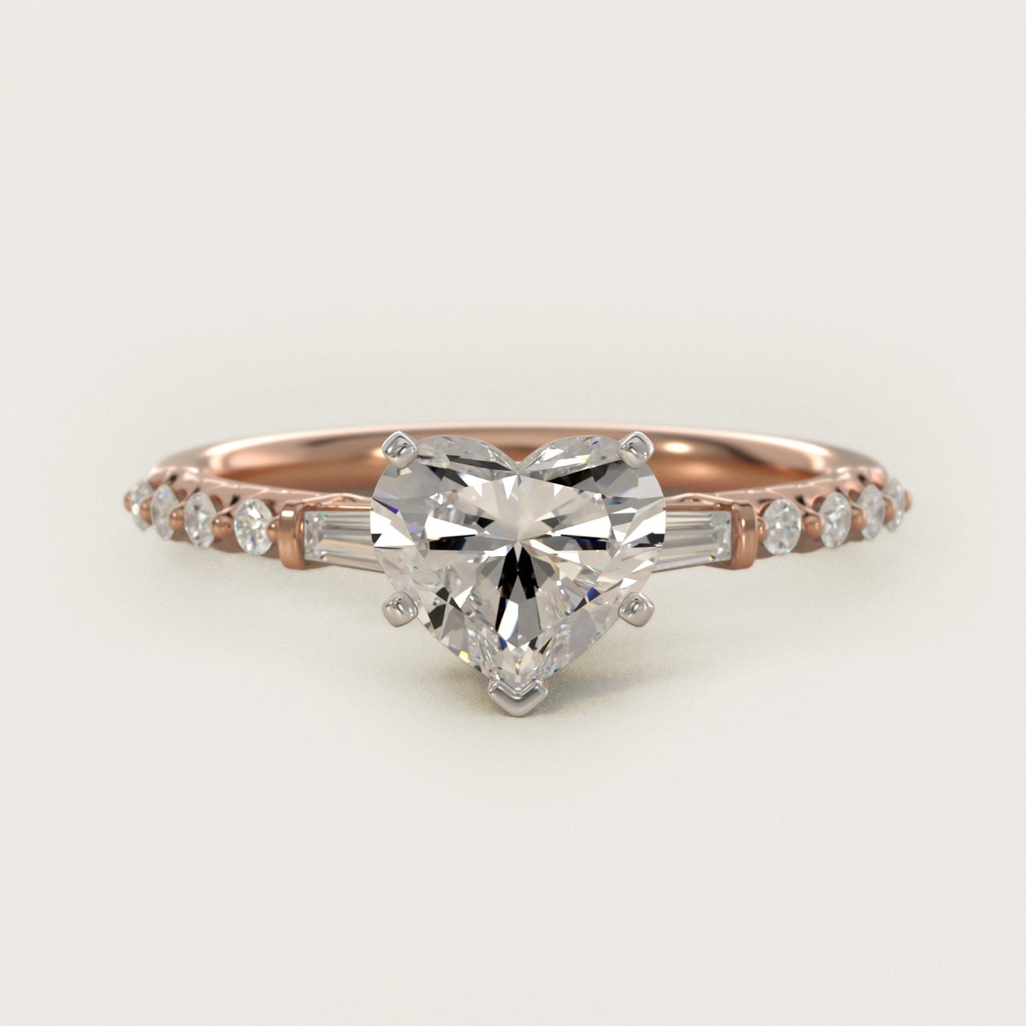 Petite Baguette and Floating Round Diamond Engagement Ring in 14k Rose Gold (1/5 ct. tw.) - Heart Center