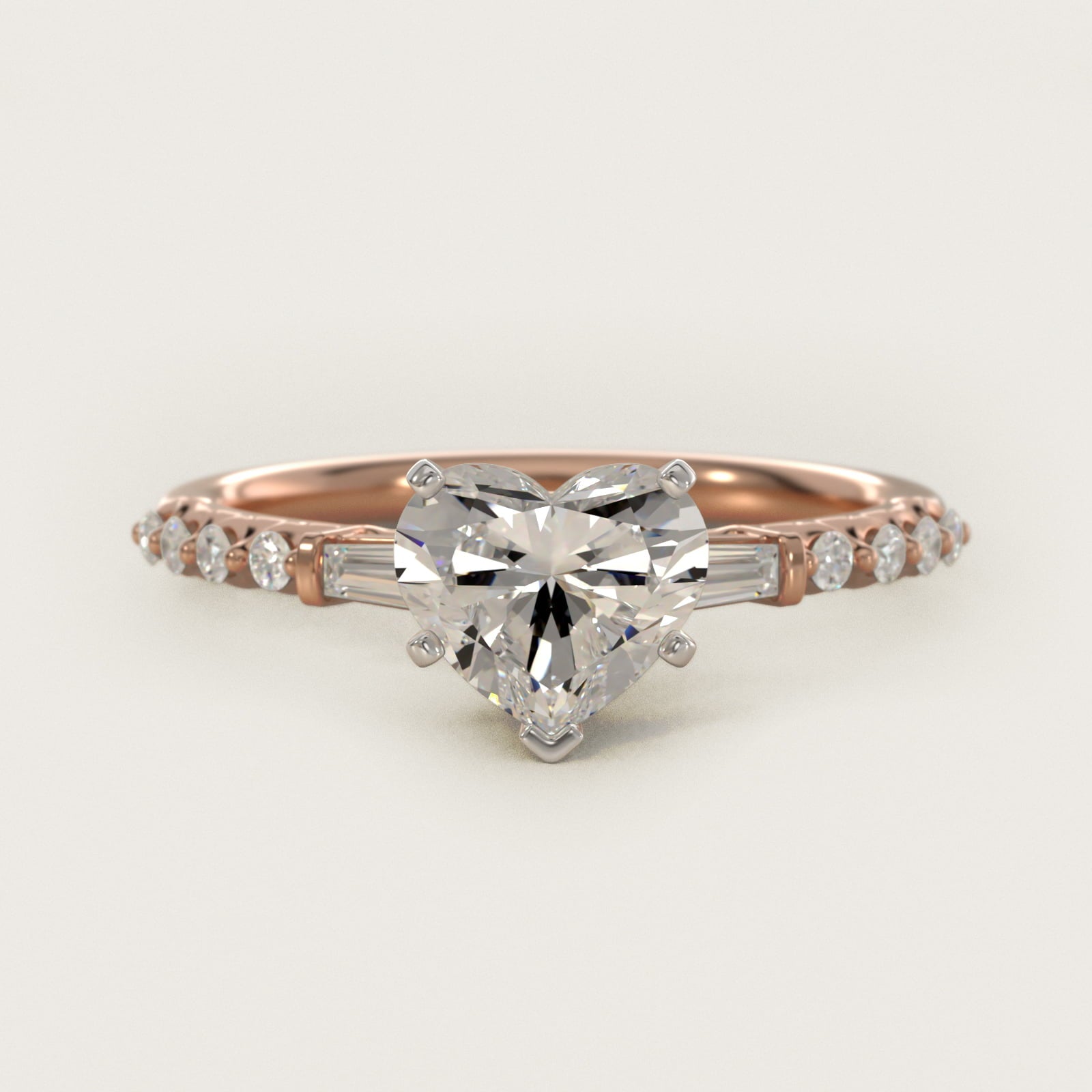 Petite Baguette and Floating Round Diamond Engagement Ring in 14k Rose Gold (1/5 ct. tw.) - Heart Center
