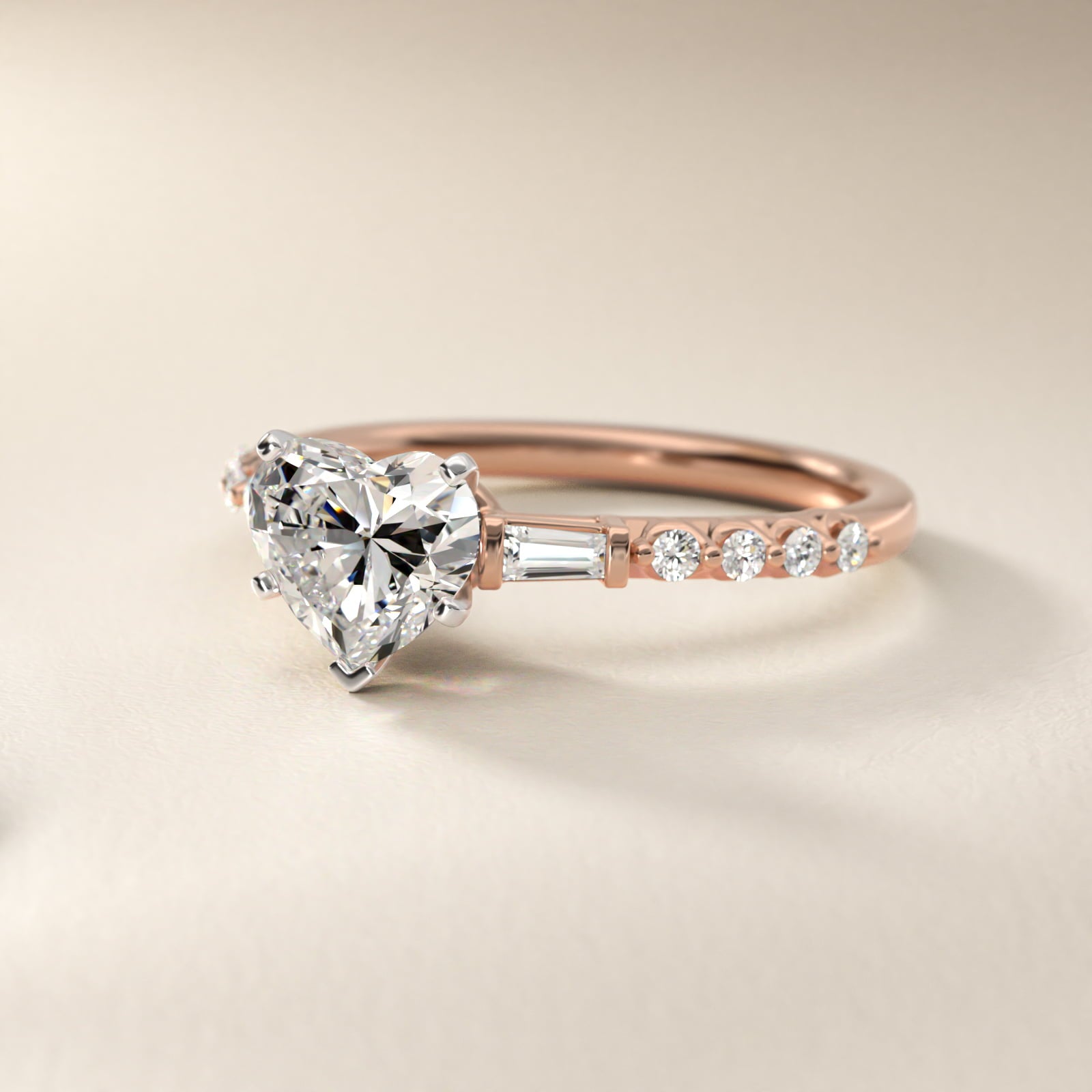 Petite Baguette and Floating Round Diamond Engagement Ring in 18k Rose Gold (1/5 ct. tw.) - Heart Center