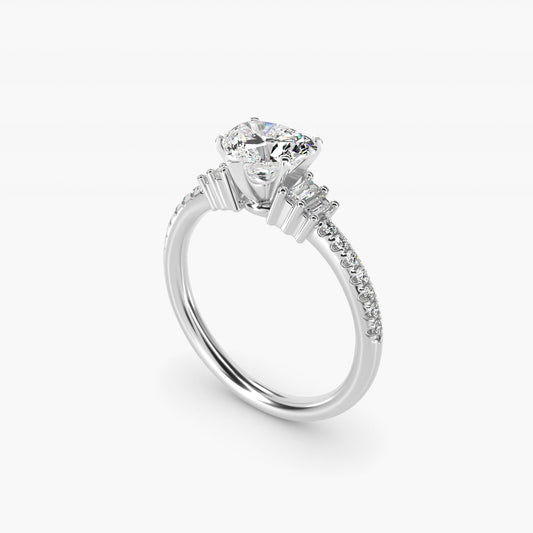 Petite Baguette and PavŽ Diamond Engagement Ring in 14k White Gold - Heart Center