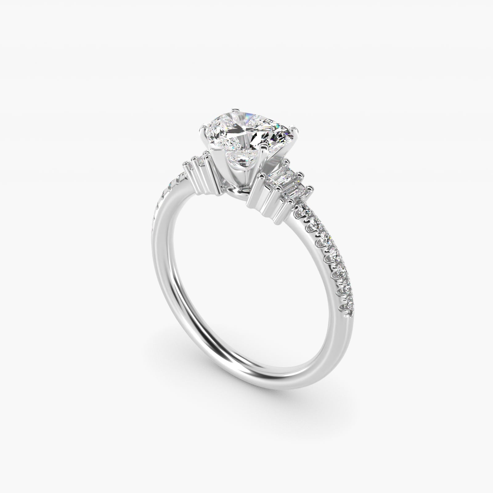 Petite Baguette and Pav? Diamond Engagement Ring in 18k White Gold - Heart Center