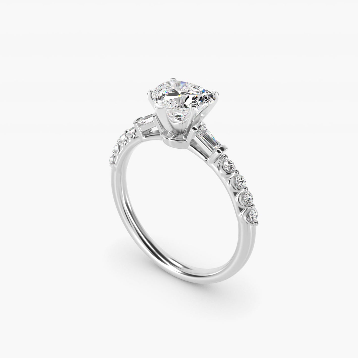 Petite Baguette and Floating Round Diamond Engagement Ring in 18k White Gold (1/5 ct. tw.) - Heart Center