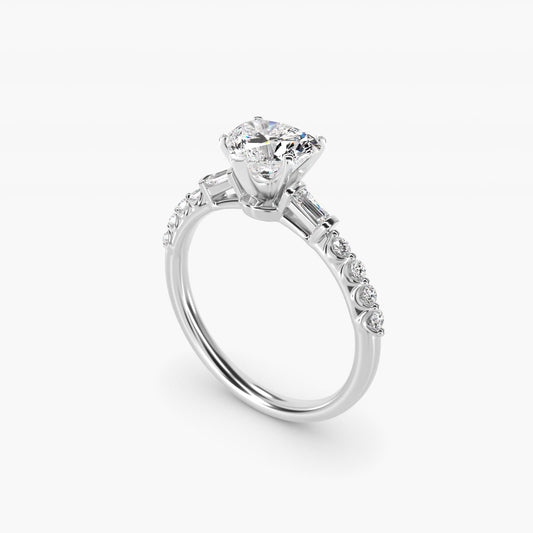 Petite Baguette and Floating Round Diamond Engagement Ring in 14k White Gold (1/5 ct. tw.) - Heart Center