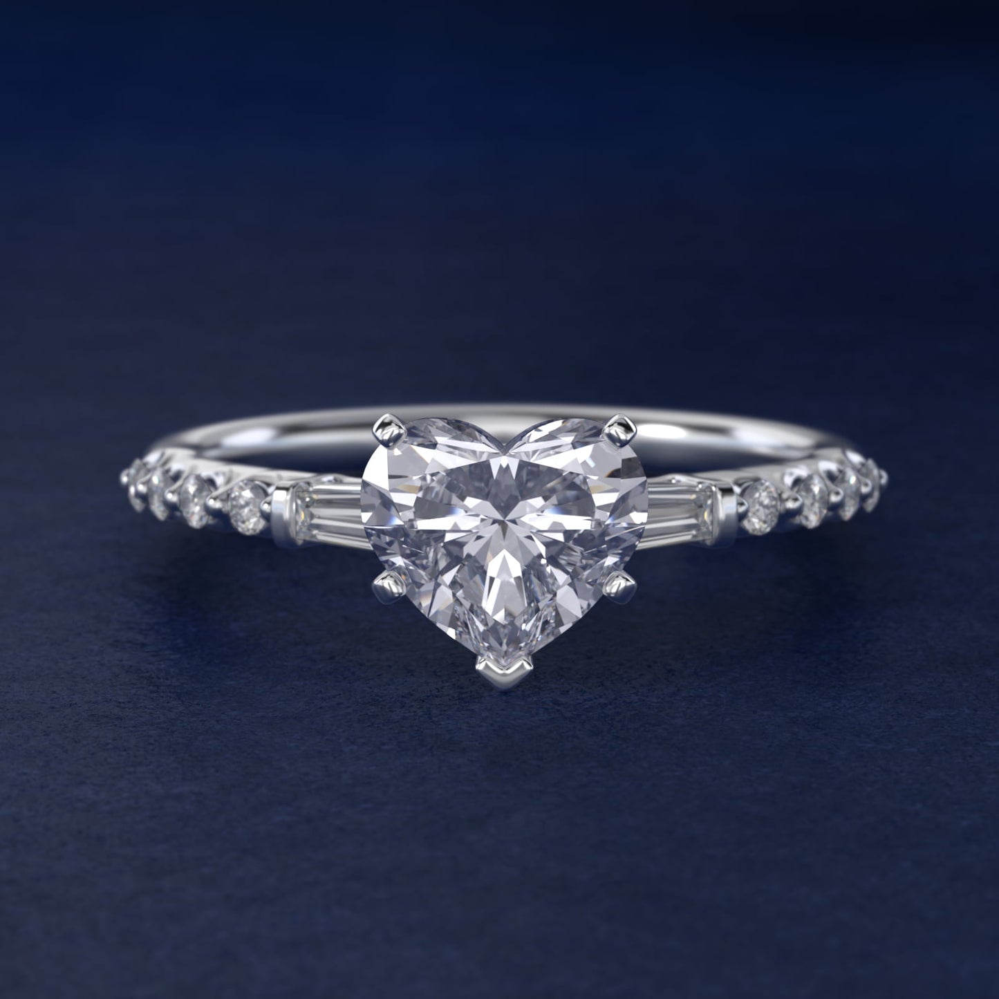 Petite Baguette and Floating Round Diamond Engagement Ring in 14k White Gold (1/5 ct. tw.) - Heart Center