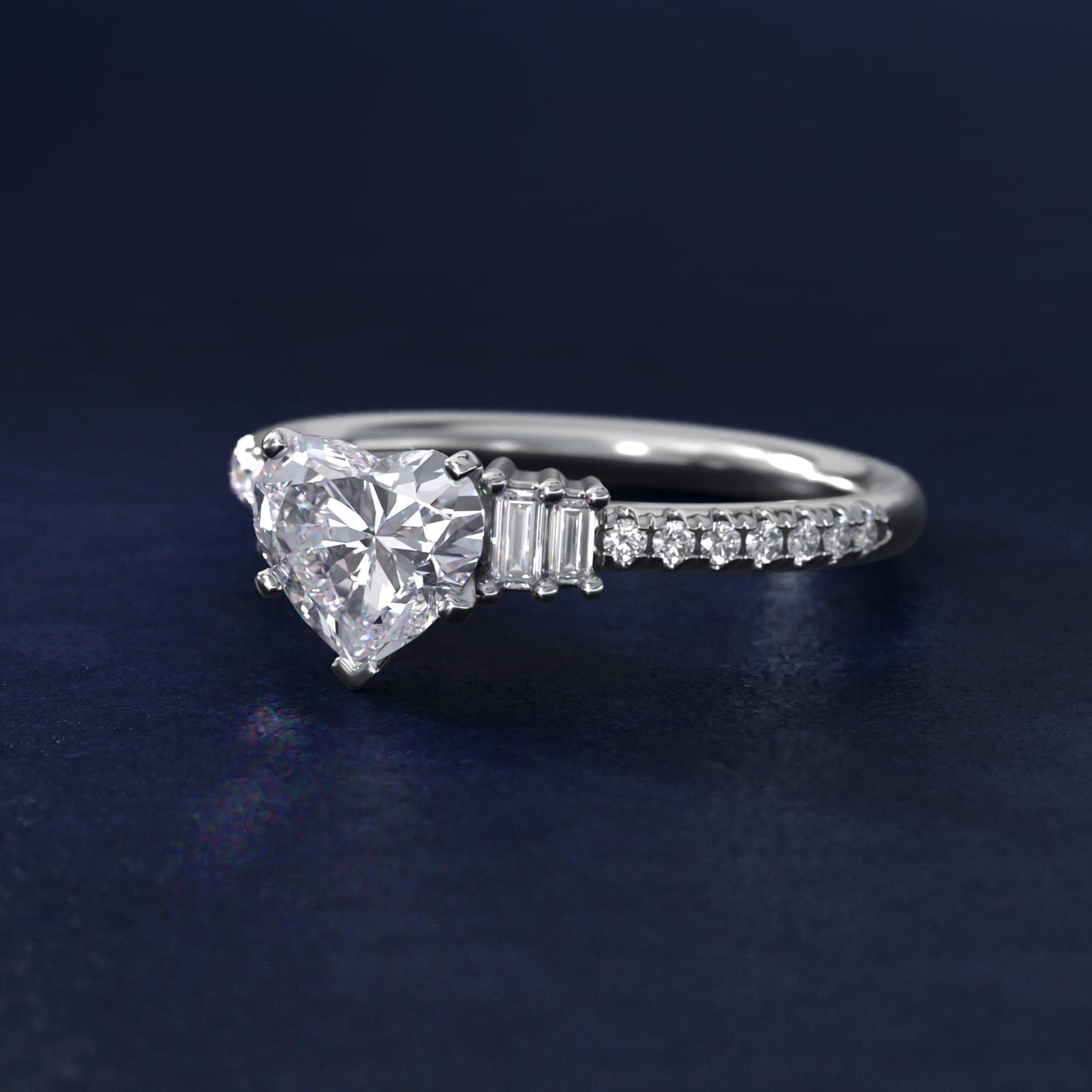Petite Baguette and PavŽ Diamond Engagement Ring in 14k White Gold - Heart Center