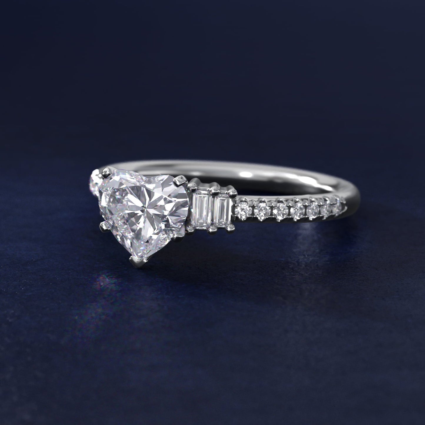 Petite Baguette and Pav? Diamond Engagement Ring in 18k White Gold - Heart Center