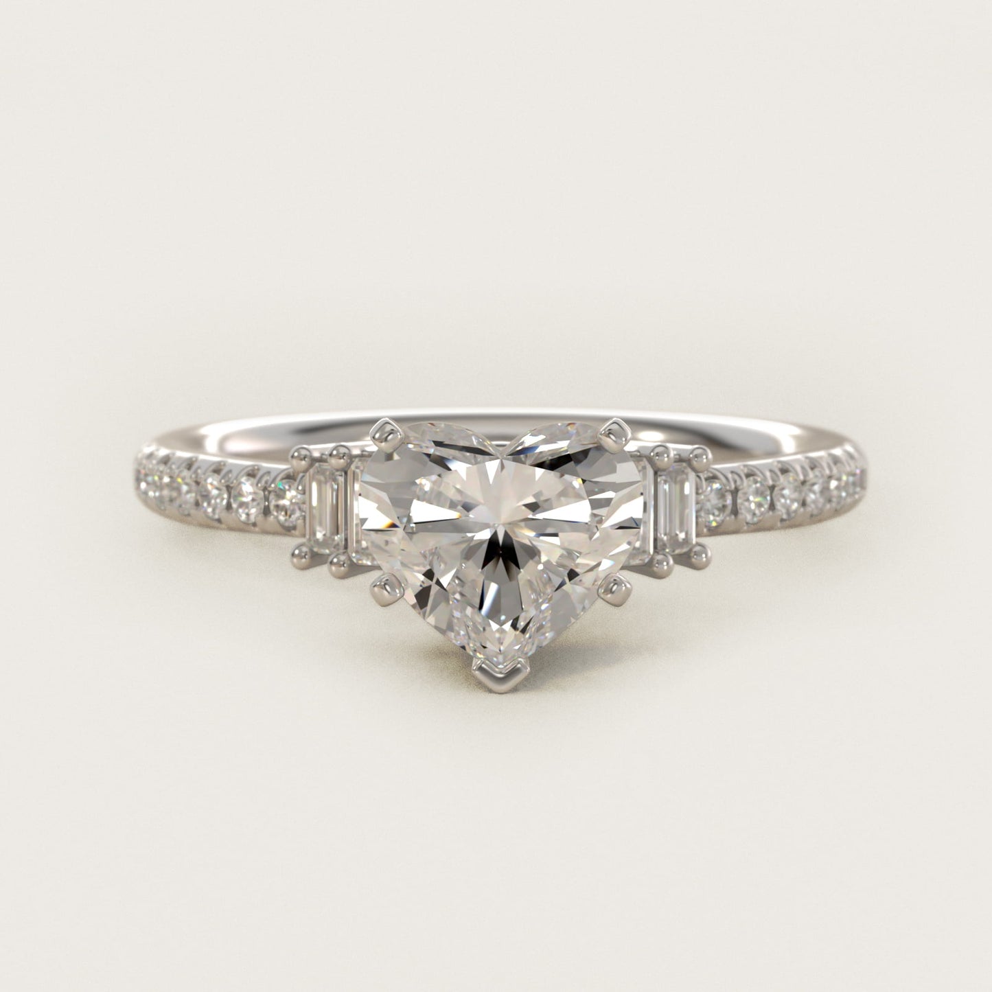 Petite Baguette and PavŽ Diamond Engagement Ring in 14k White Gold - Heart Center