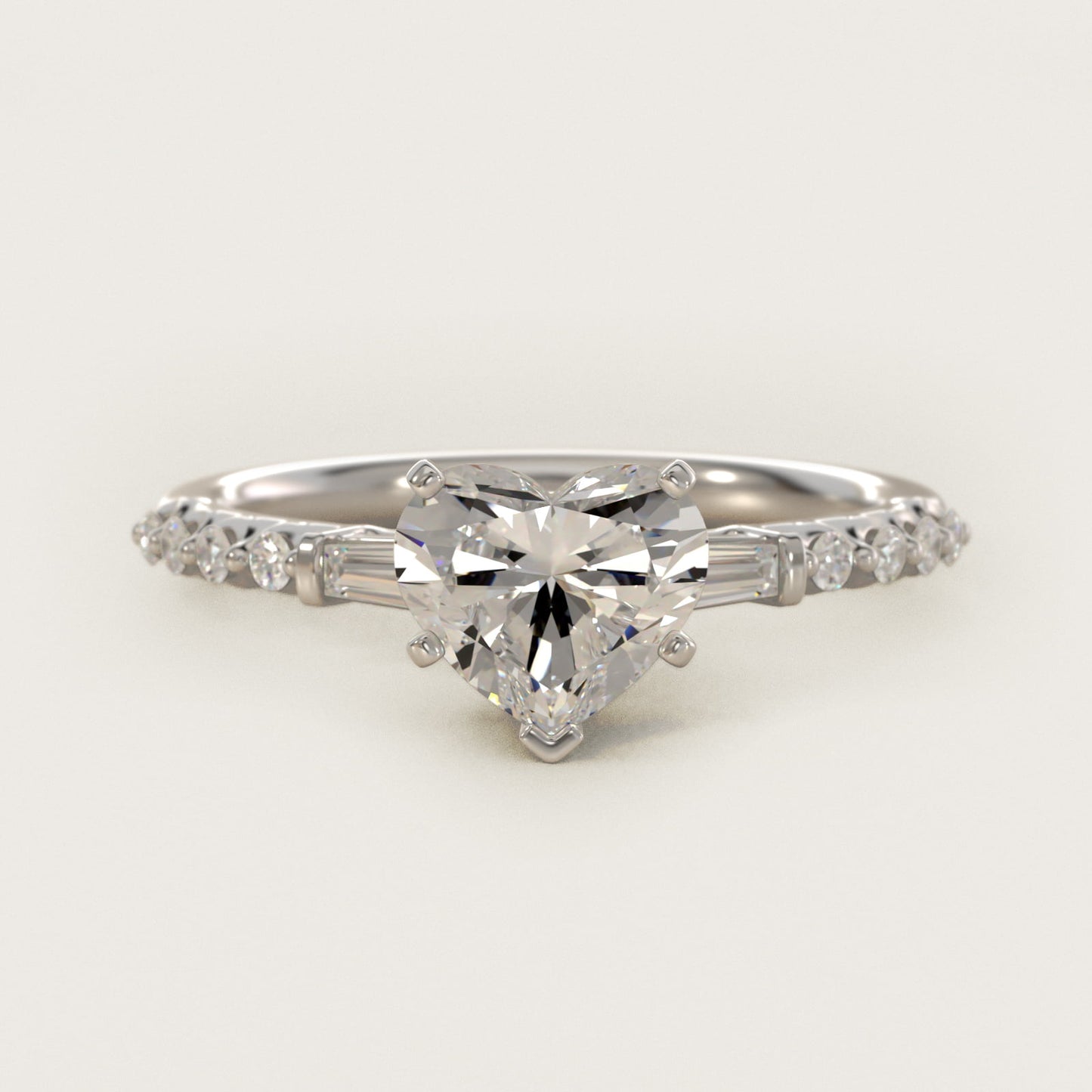Petite Baguette and Floating Round Diamond Engagement Ring in 14k White Gold (1/5 ct. tw.) - Heart Center