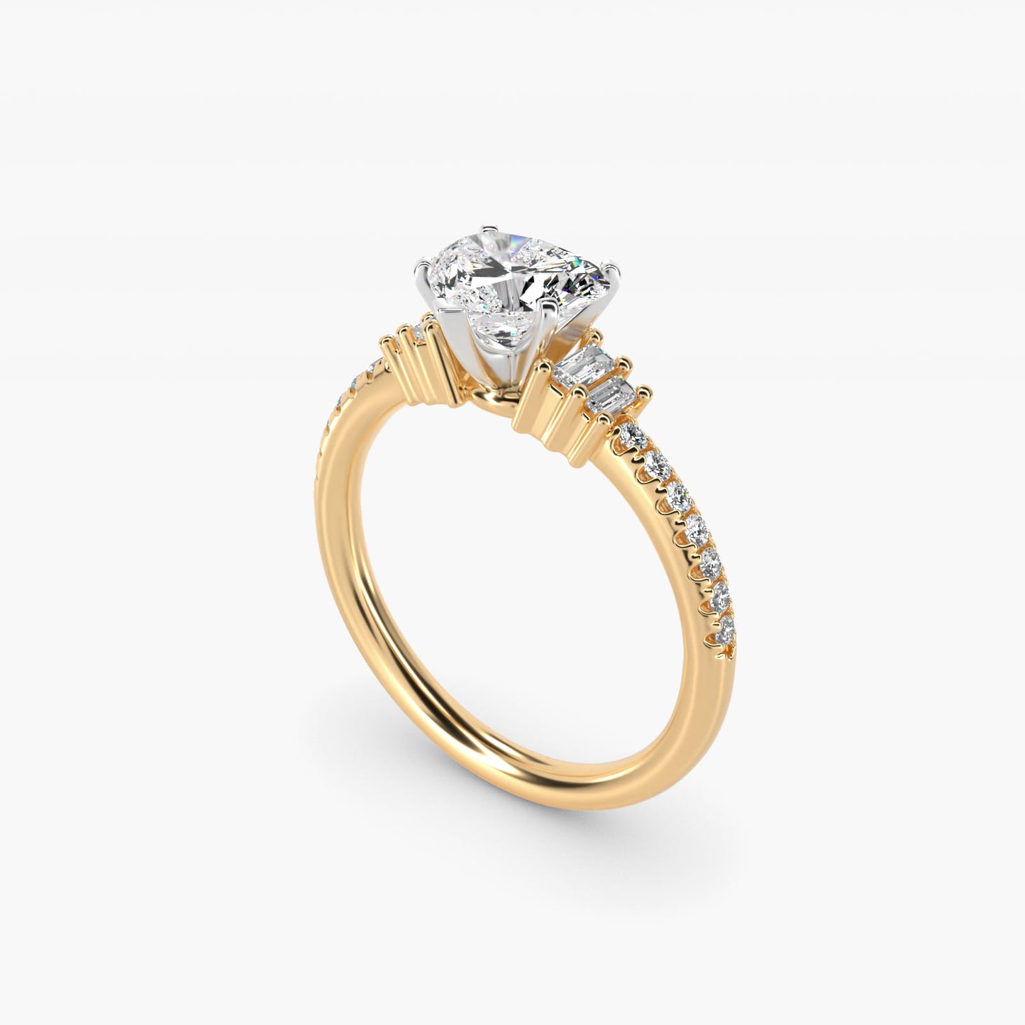 Petite Baguette and PavŽ Diamond Engagement Ring in 14k Yellow Gold - Heart Center