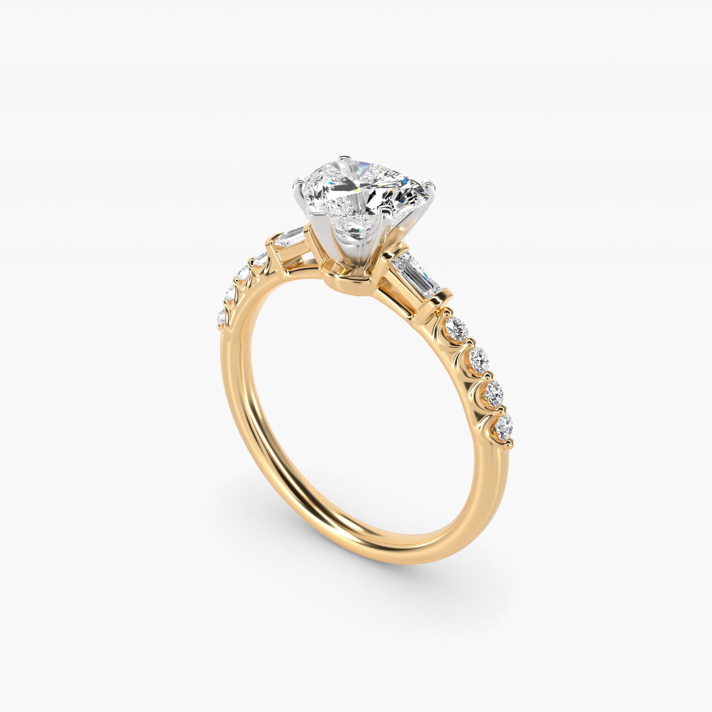 Petite Baguette and Floating Round Diamond Engagement Ring in 18k Yellow Gold (1/5 ct. tw.) - Heart Center