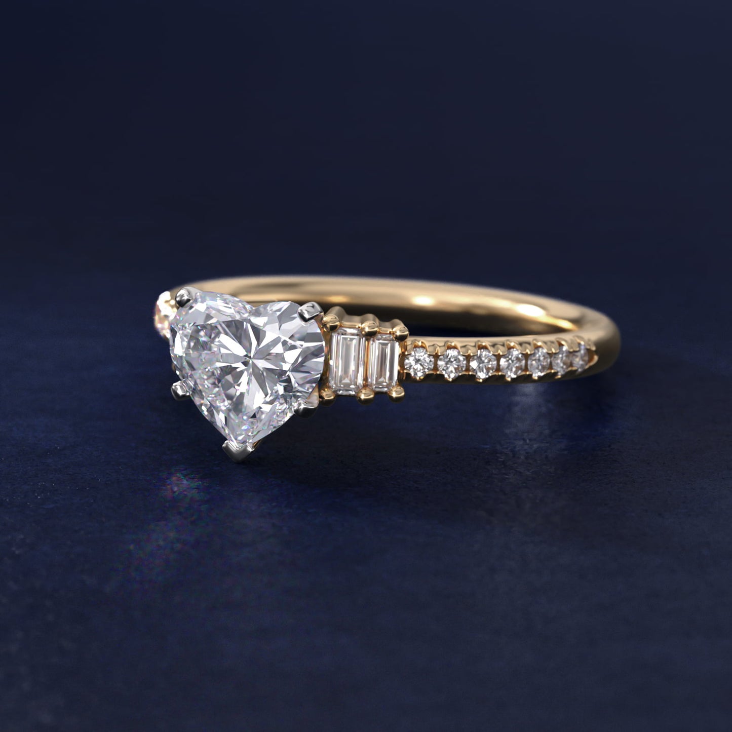 Petite Baguette and PavŽ Diamond Engagement Ring in 14k Yellow Gold - Heart Center