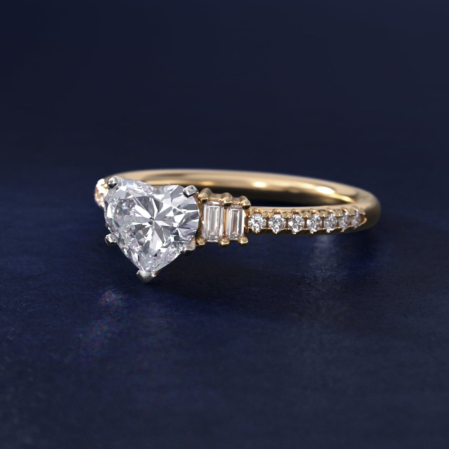 Petite Baguette and Pav? Diamond Engagement Ring in 18k Yellow Gold - Heart Center
