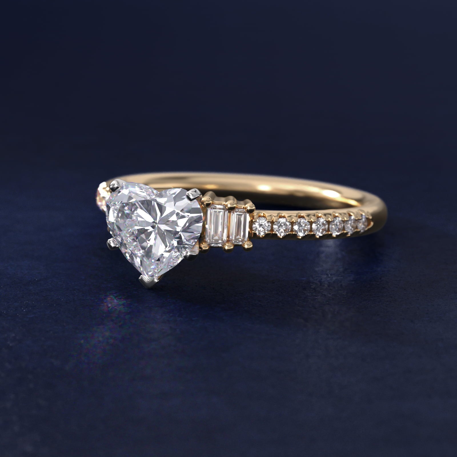 Petite Baguette and Pav? Diamond Engagement Ring in 18k Yellow Gold - Heart Center