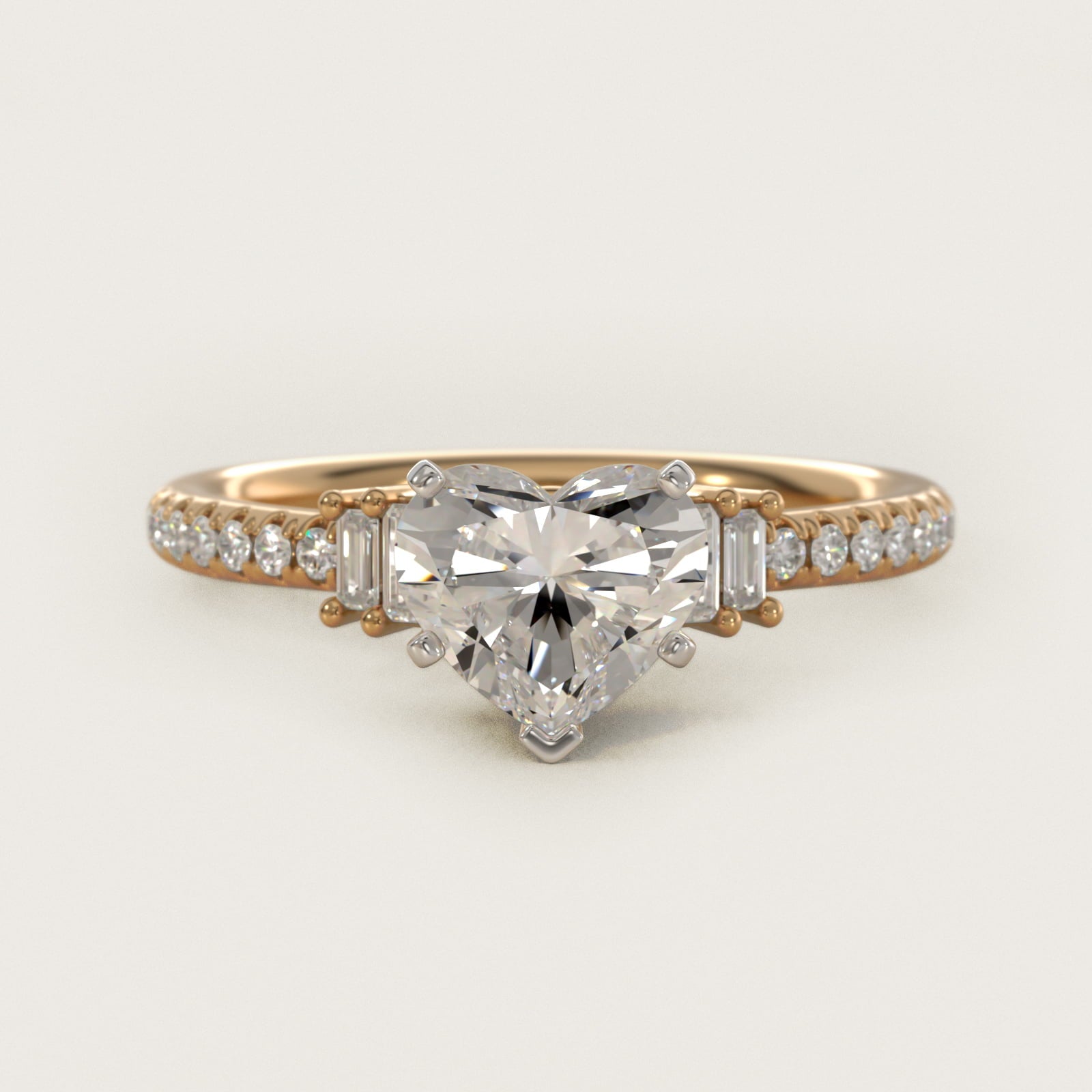 Petite Baguette and PavŽ Diamond Engagement Ring in 14k Yellow Gold - Heart Center