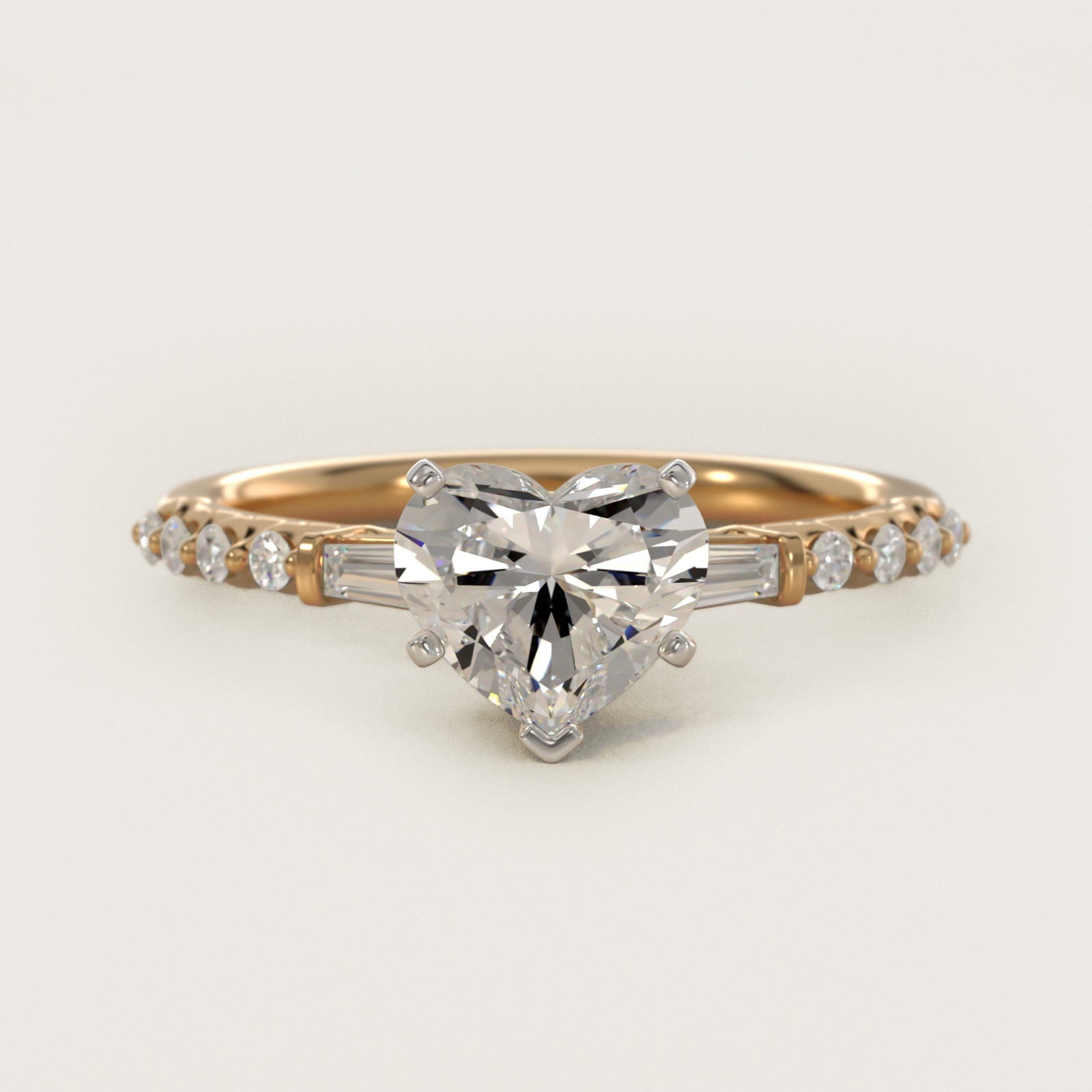 Petite Baguette and Floating Round Diamond Engagement Ring in 14k Yellow Gold (1/5 ct. tw.) - Heart Center