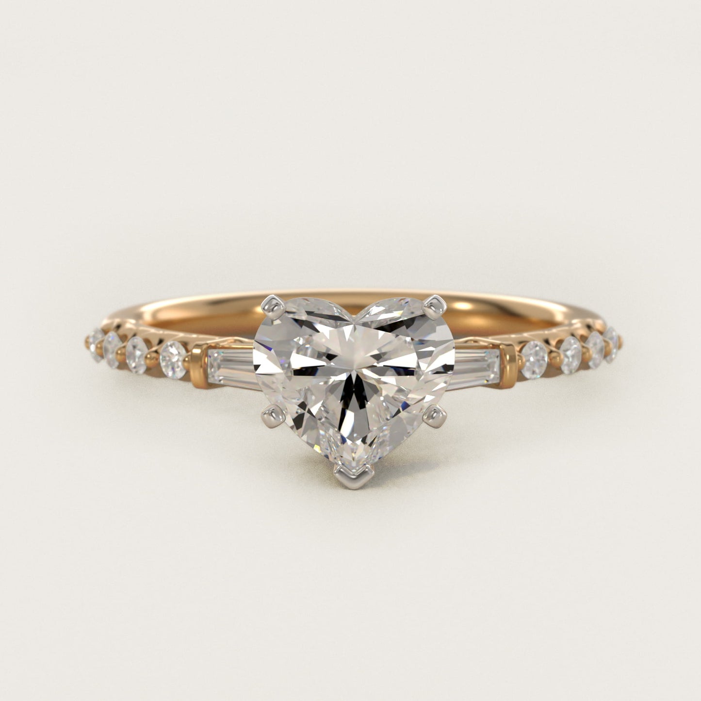 Petite Baguette and Floating Round Diamond Engagement Ring in 18k Yellow Gold (1/5 ct. tw.) - Heart Center
