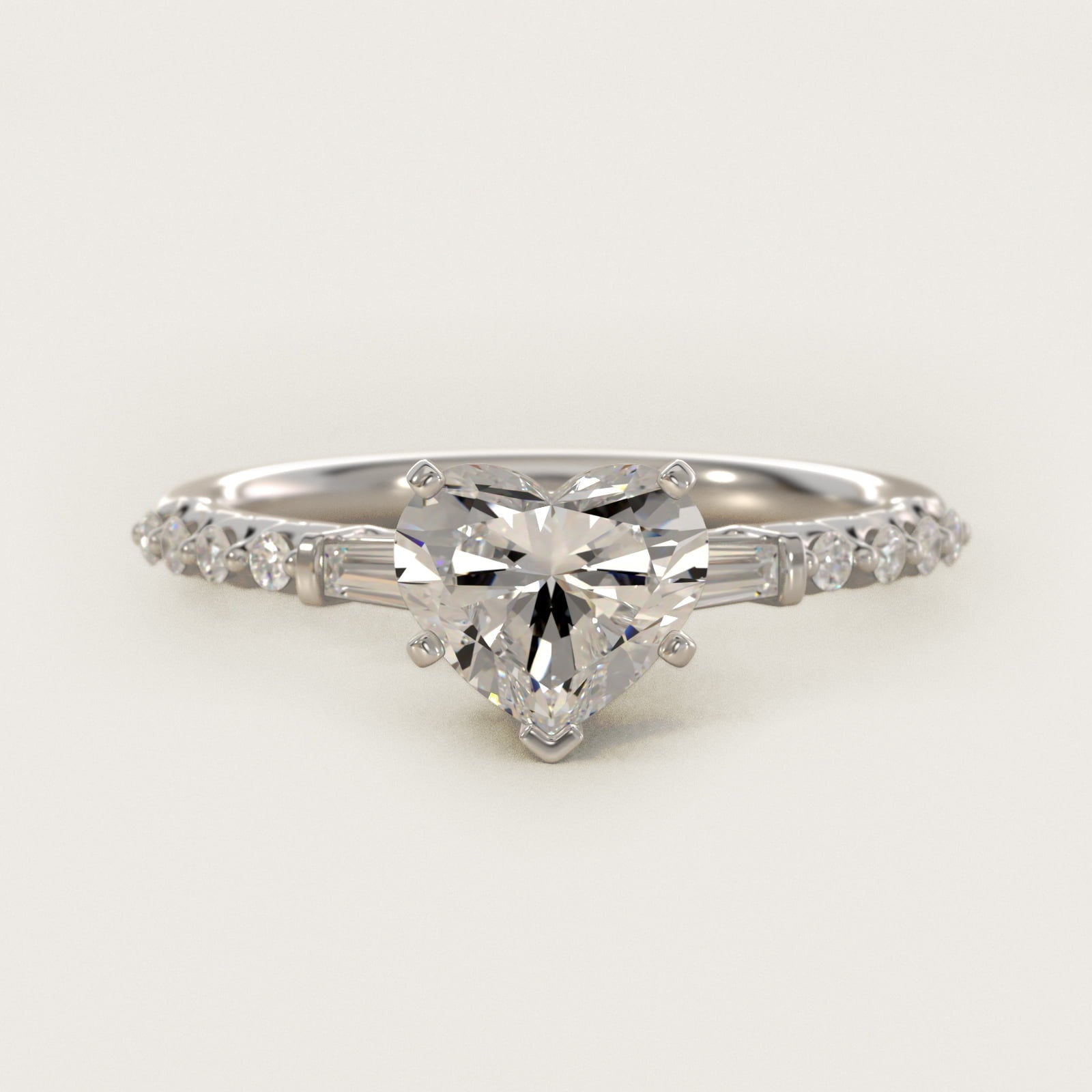 Petite Baguette and Floating Round Diamond Engagement Ring in Platinum (1/5 ct. tw.) - Heart Center