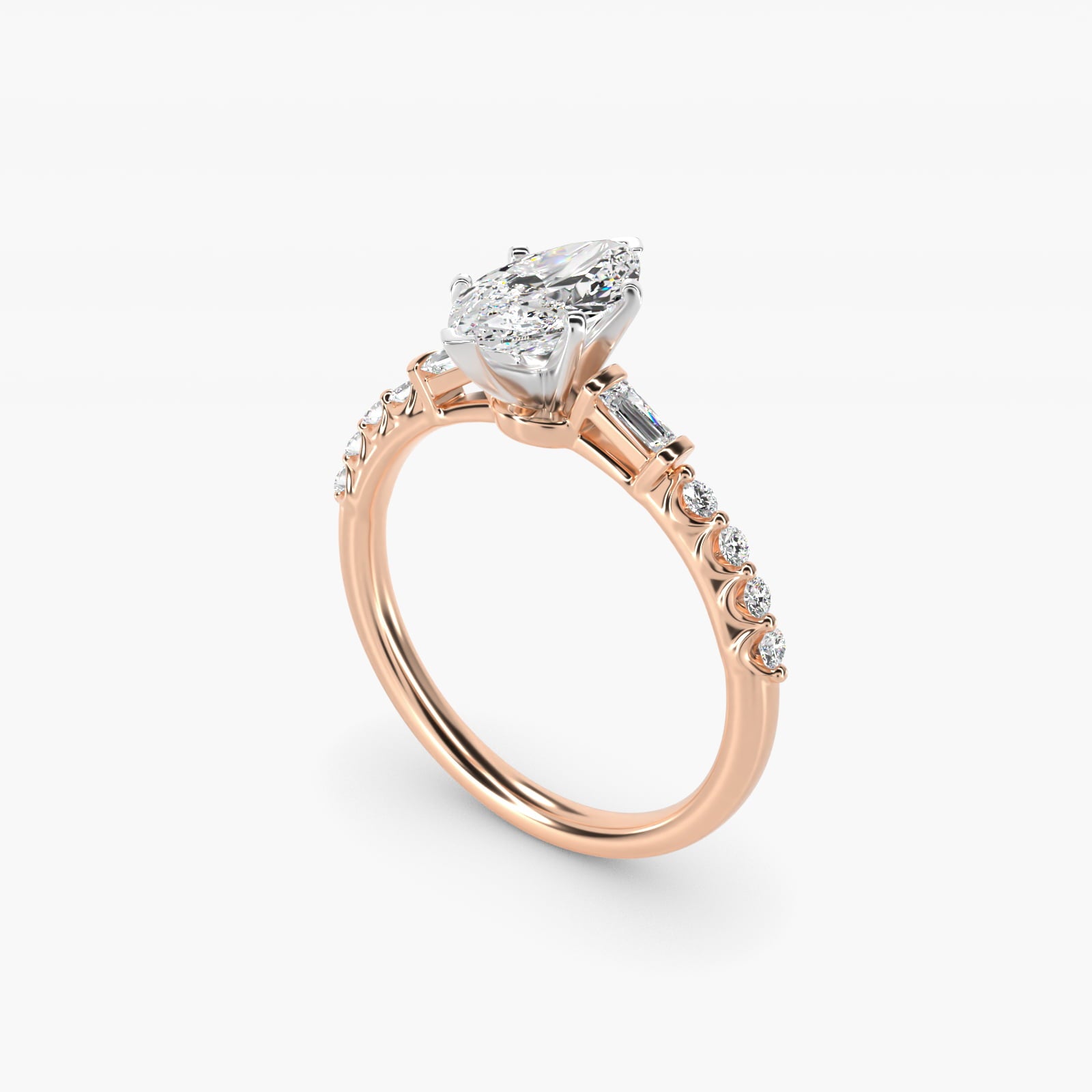 Petite Baguette and Floating Round Diamond Engagement Ring in 18k Rose Gold (1/5 ct. tw.) - Marquise Center