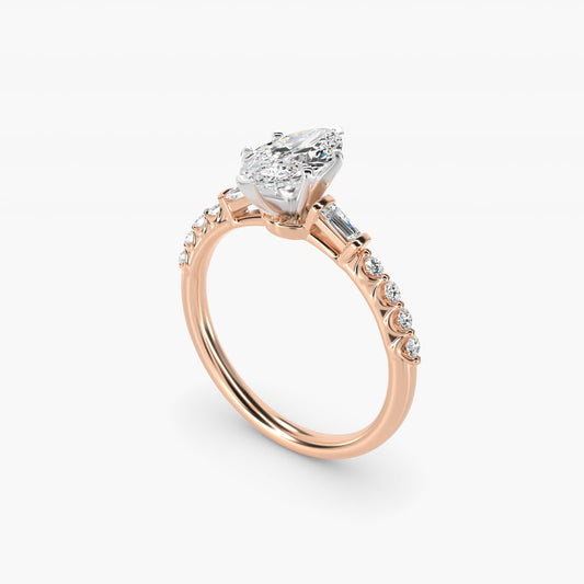 Petite Baguette and Floating Round Diamond Engagement Ring in 18k Rose Gold (1/5 ct. tw.) - Marquise Center