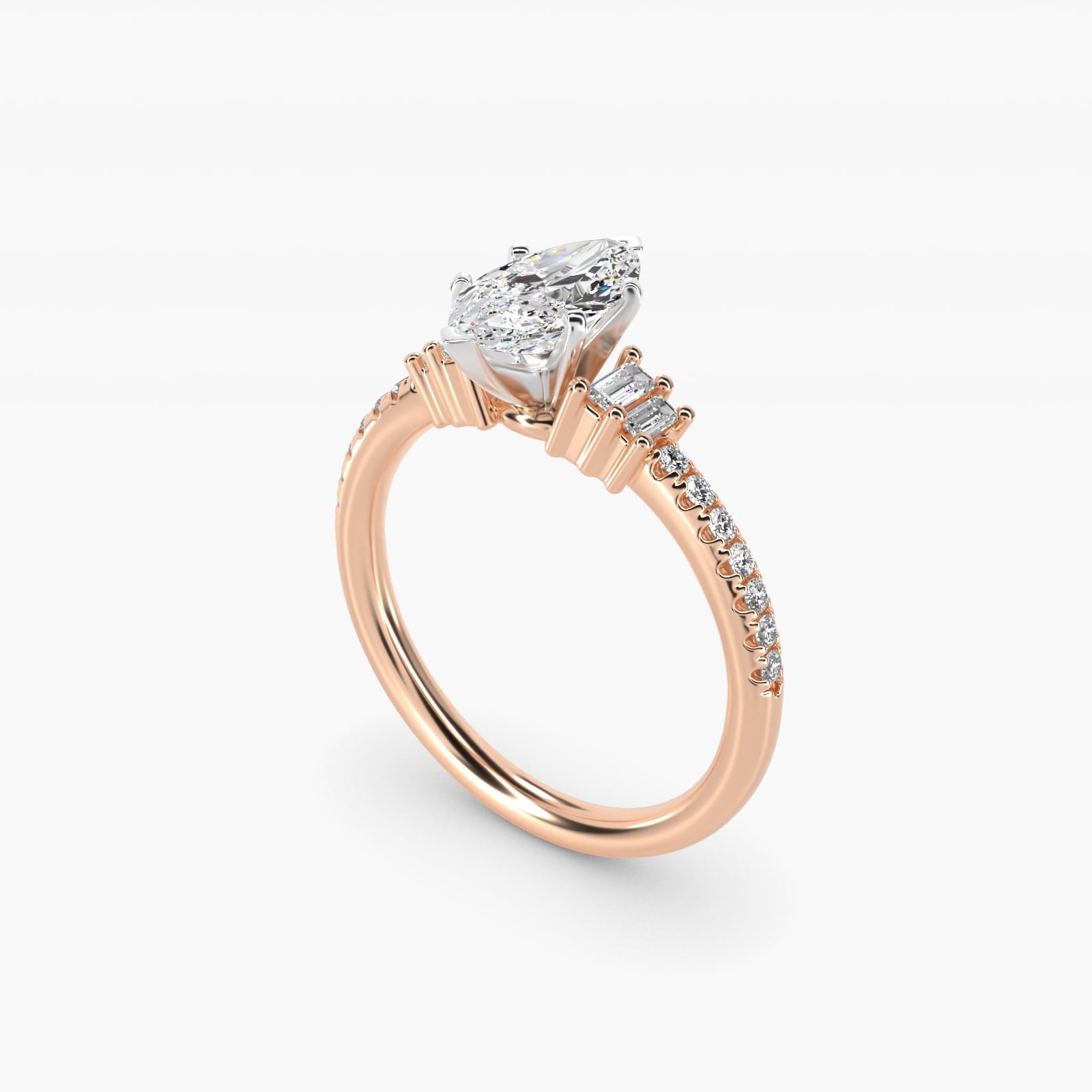 Petite Baguette and Pav? Diamond Engagement Ring in 18k Rose Gold - Marquise Center
