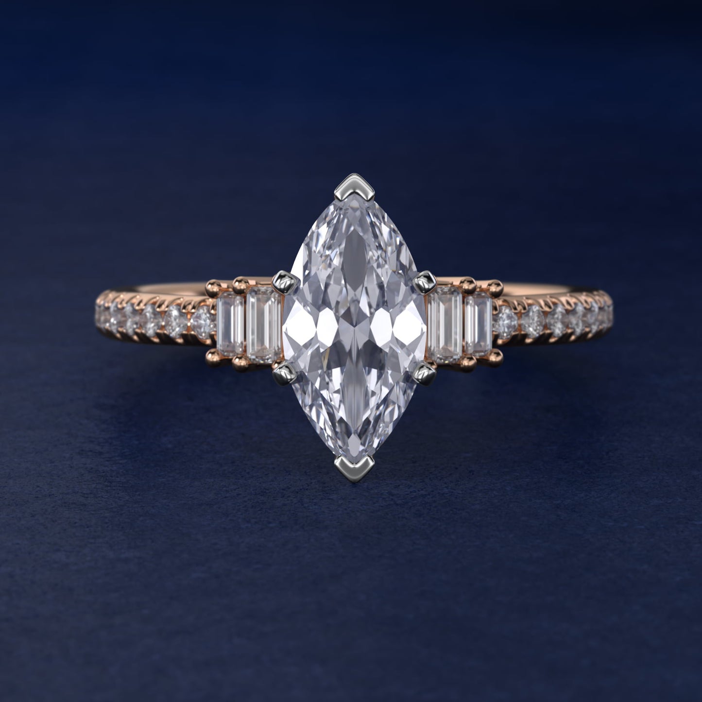 Petite Baguette and PavŽ Diamond Engagement Ring in 14k Rose Gold - Marquise Center