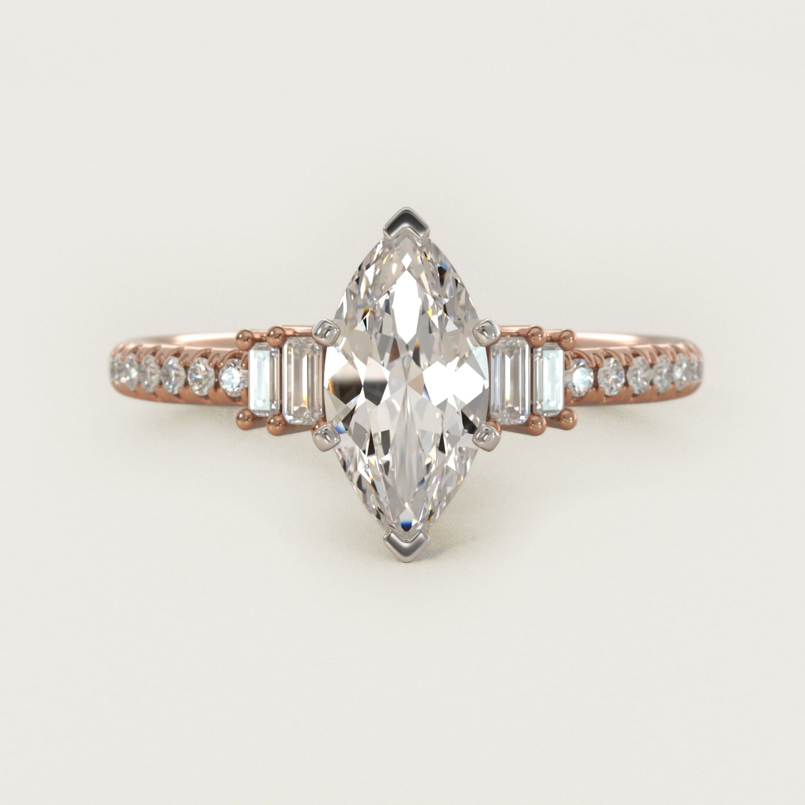 Petite Baguette and PavŽ Diamond Engagement Ring in 14k Rose Gold - Marquise Center