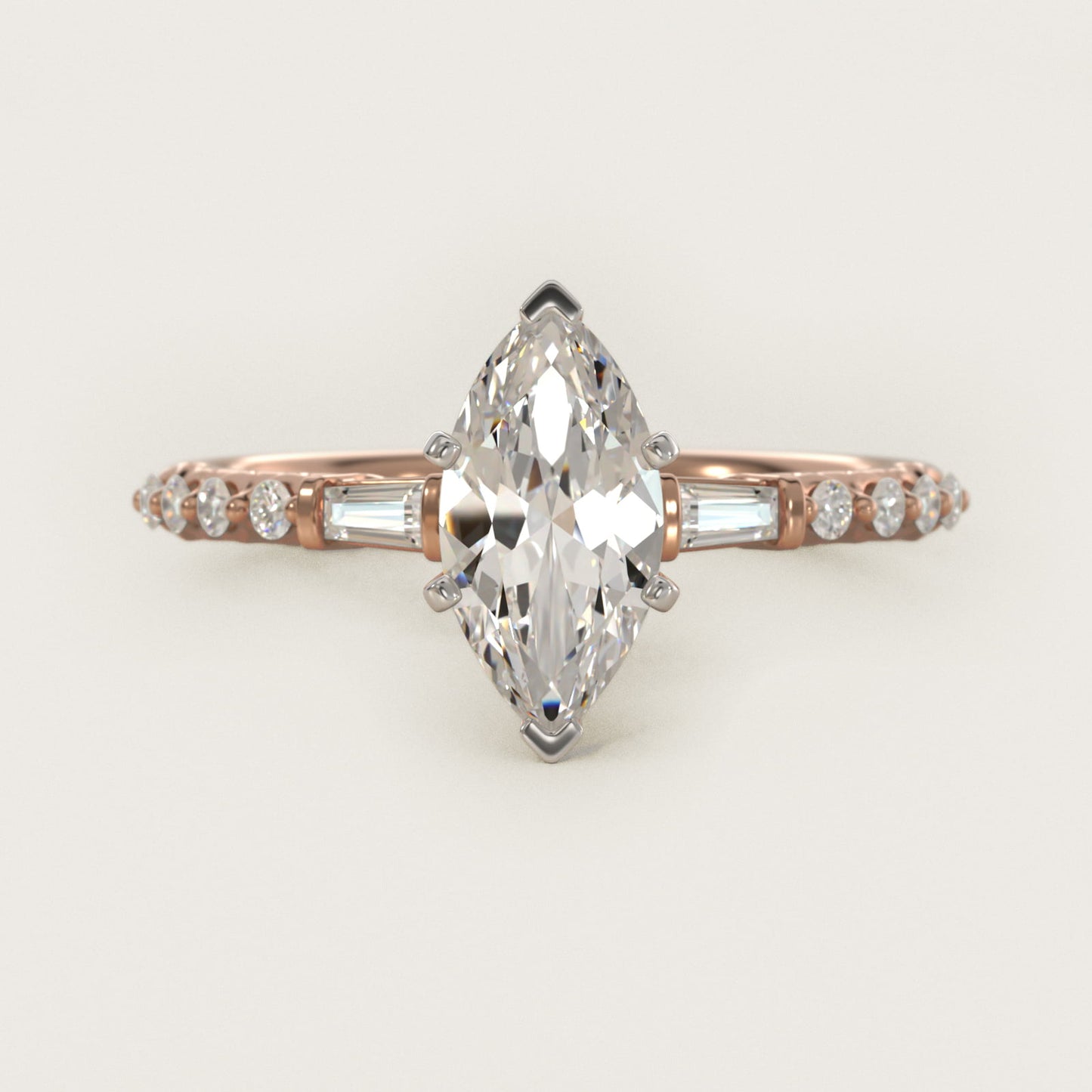 Petite Baguette and Floating Round Diamond Engagement Ring in 14k Rose Gold (1/5 ct. tw.) - Marquise Center