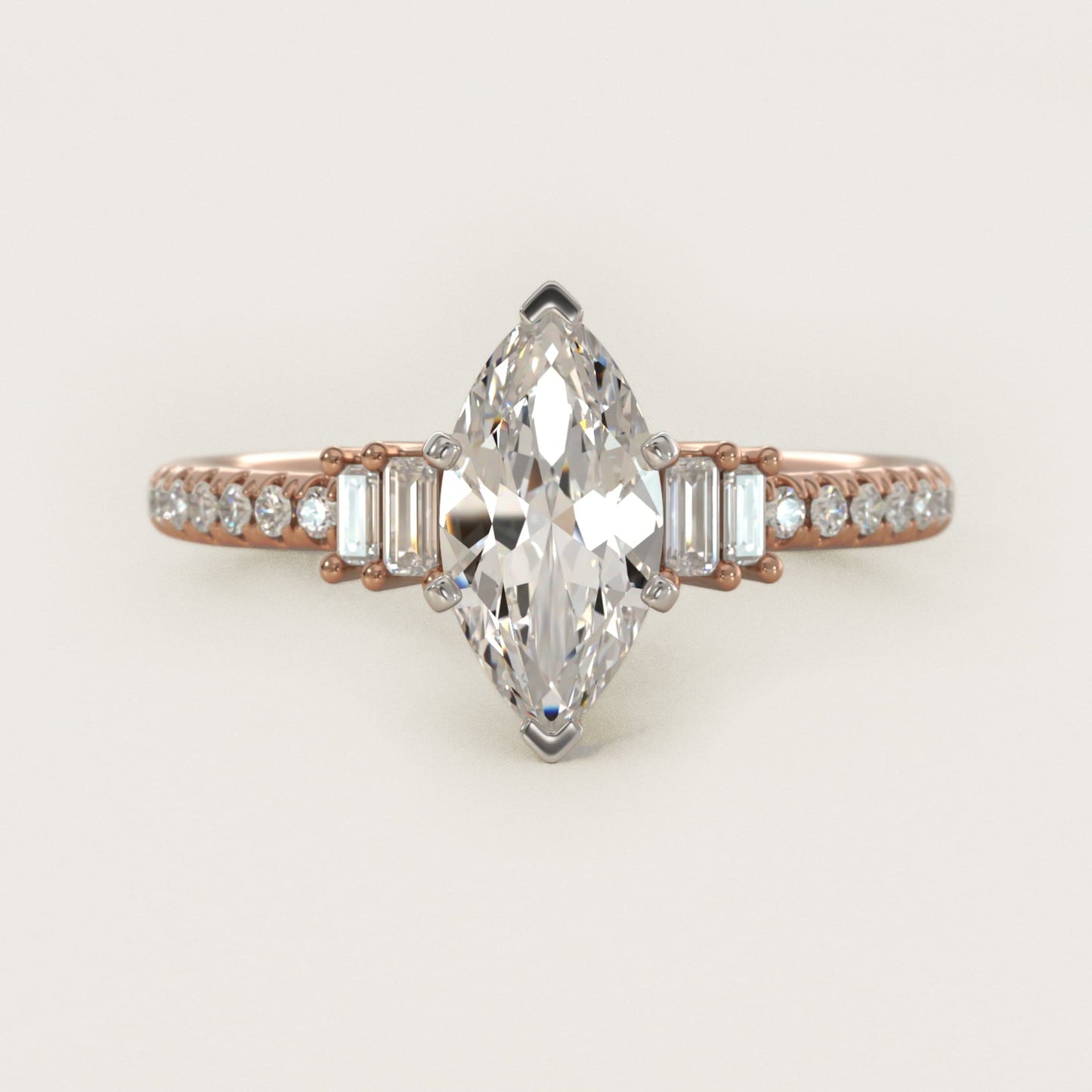 Petite Baguette and Pav? Diamond Engagement Ring in 18k Rose Gold - Marquise Center