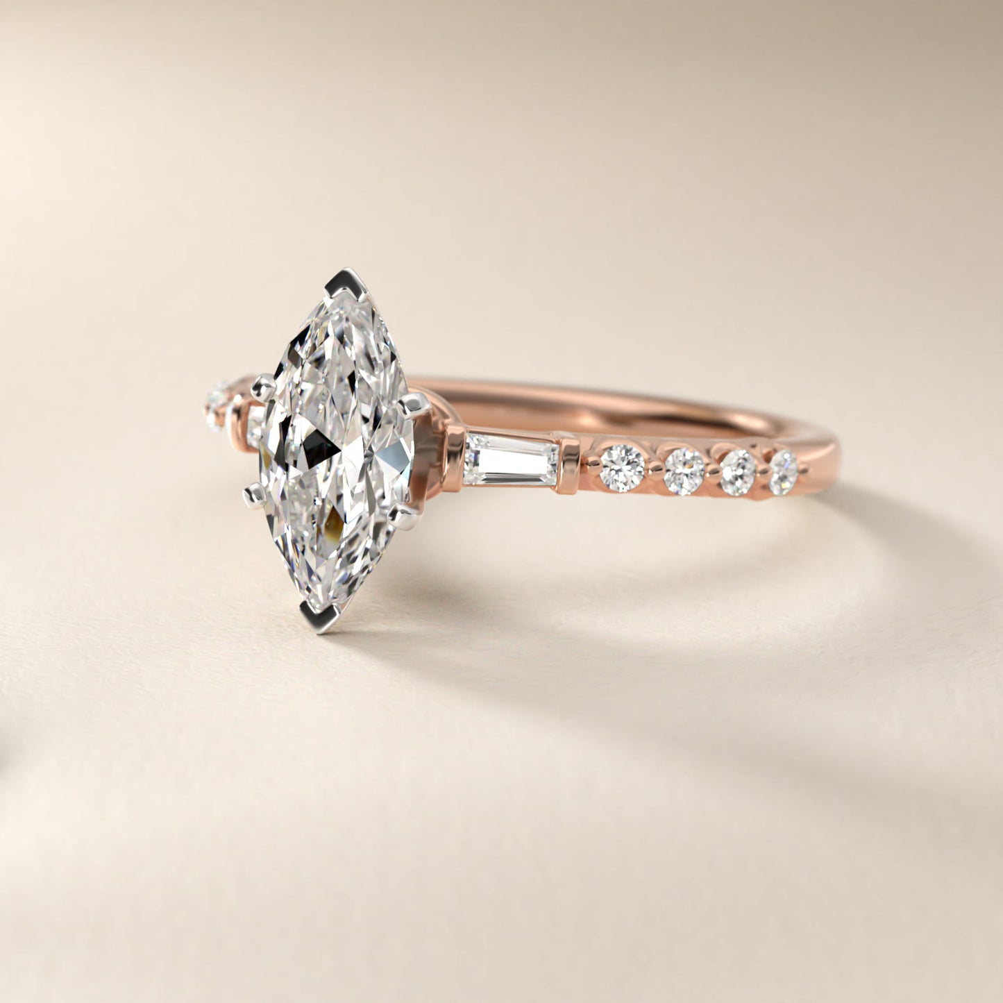 Petite Baguette and Floating Round Diamond Engagement Ring in 14k Rose Gold (1/5 ct. tw.) - Marquise Center