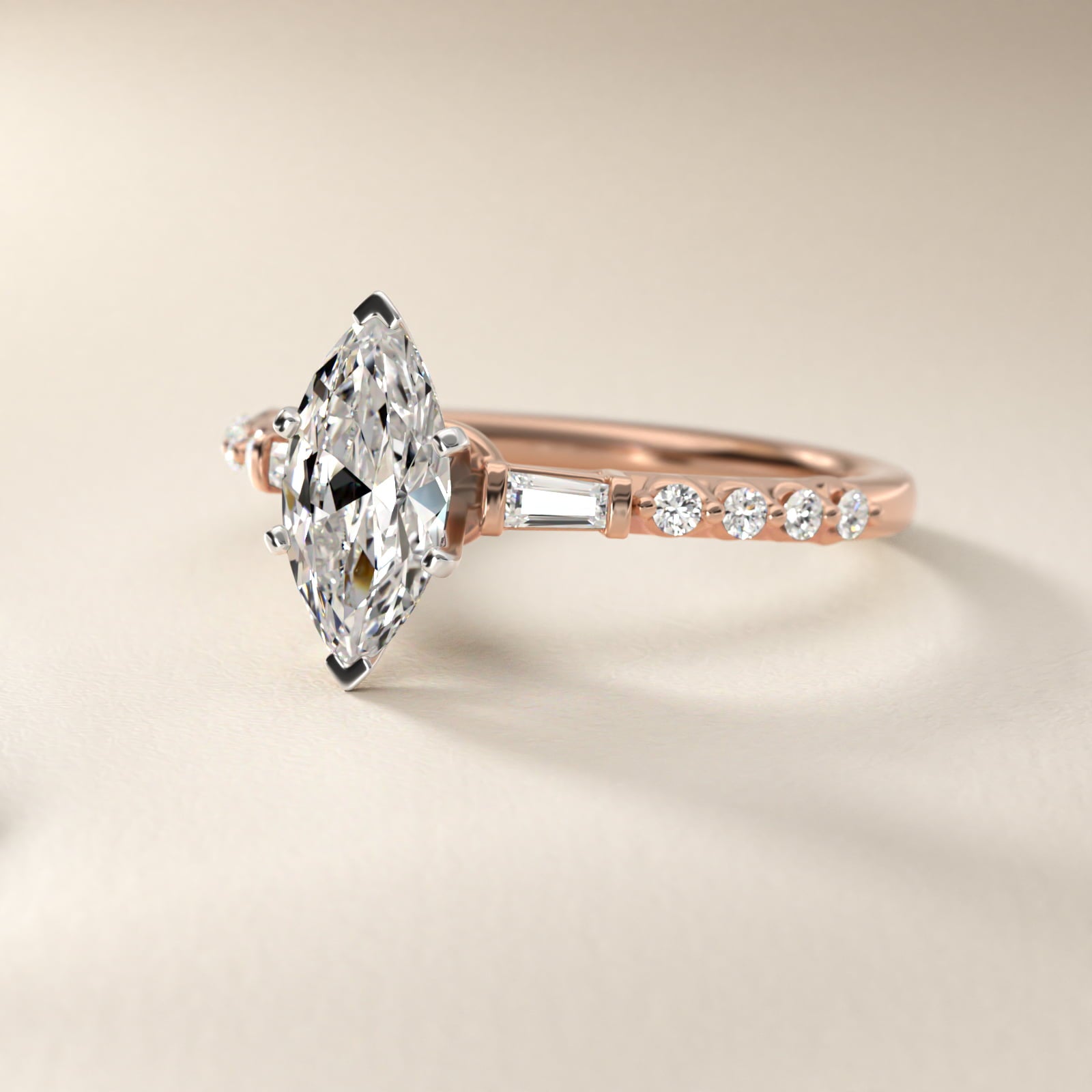 Petite Baguette and Floating Round Diamond Engagement Ring in 14k Rose Gold (1/5 ct. tw.) - Marquise Center