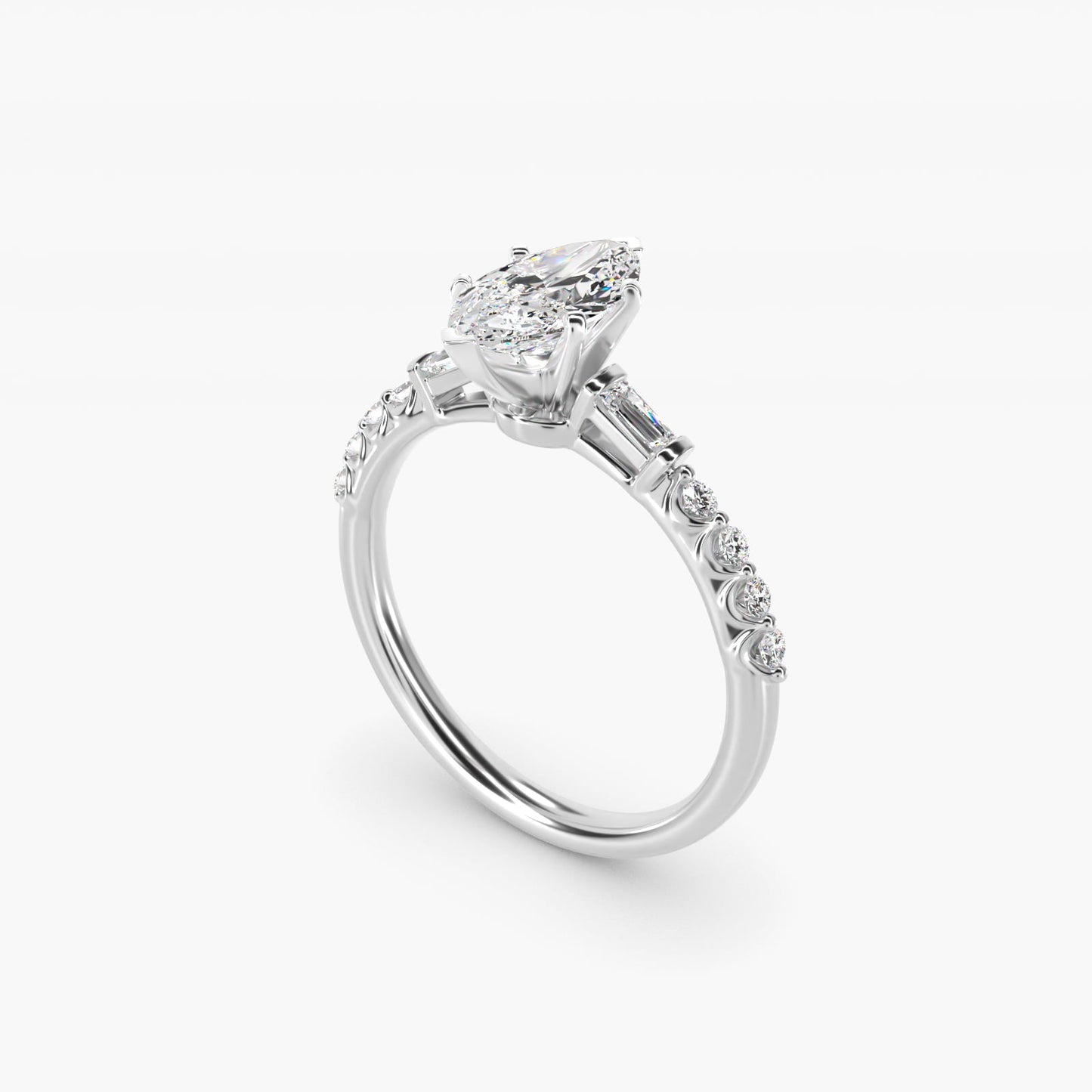 Petite Baguette and Floating Round Diamond Engagement Ring in 14k White Gold (1/5 ct. tw.) - Marquise Center
