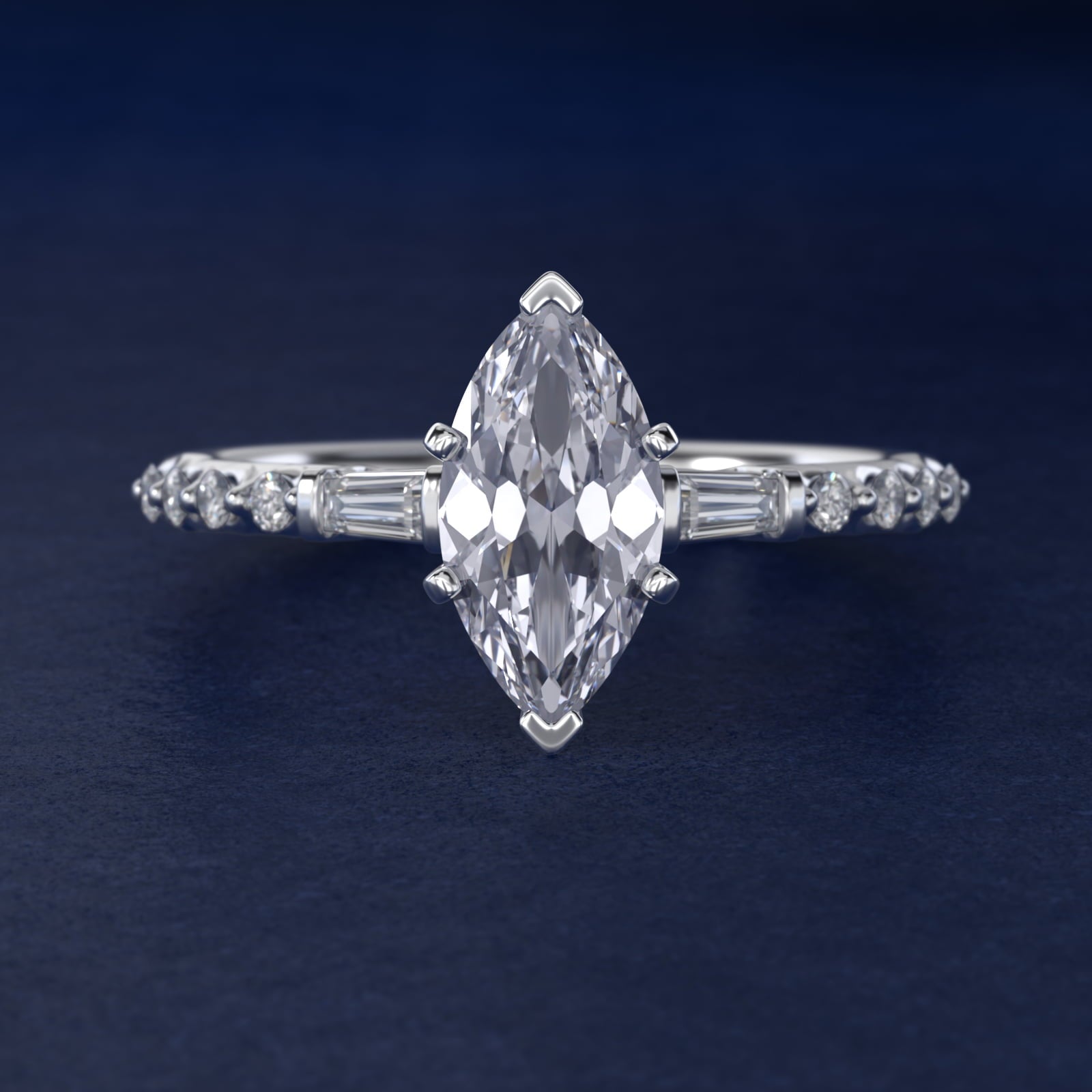 Petite Baguette and Floating Round Diamond Engagement Ring in 18k White Gold (1/5 ct. tw.) - Marquise Center