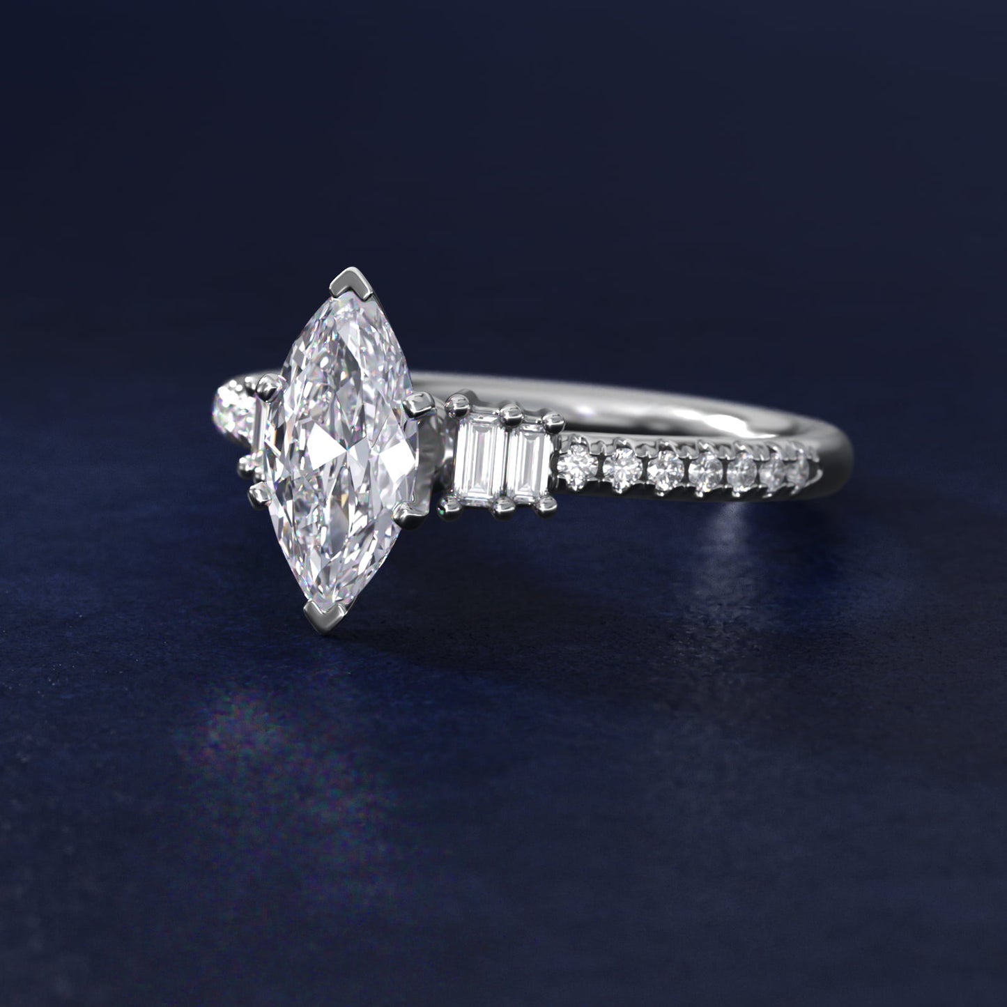Petite Baguette and PavŽ Diamond Engagement Ring in 14k White Gold - Marquise Center