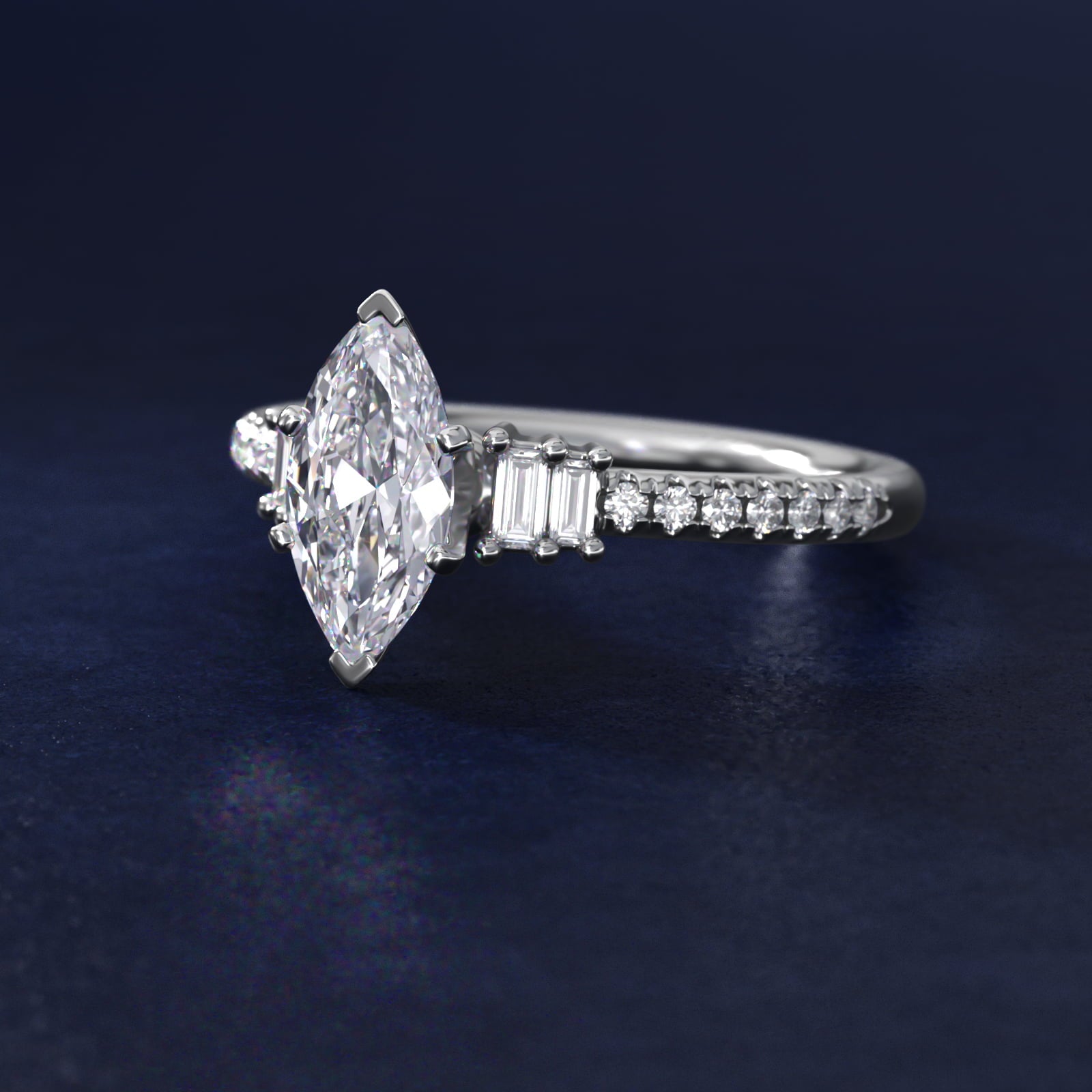 Petite Baguette and PavŽ Diamond Engagement Ring in 14k White Gold - Marquise Center